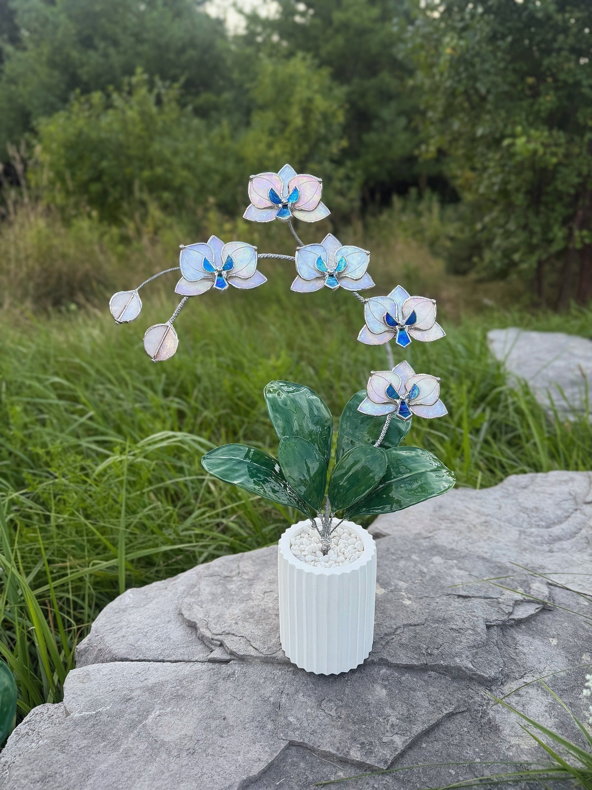 Pearl White iridescent Artificial Orchid, WITH RESIN LEAVES, 5 Flowers, Handmade Botanical Art Decor