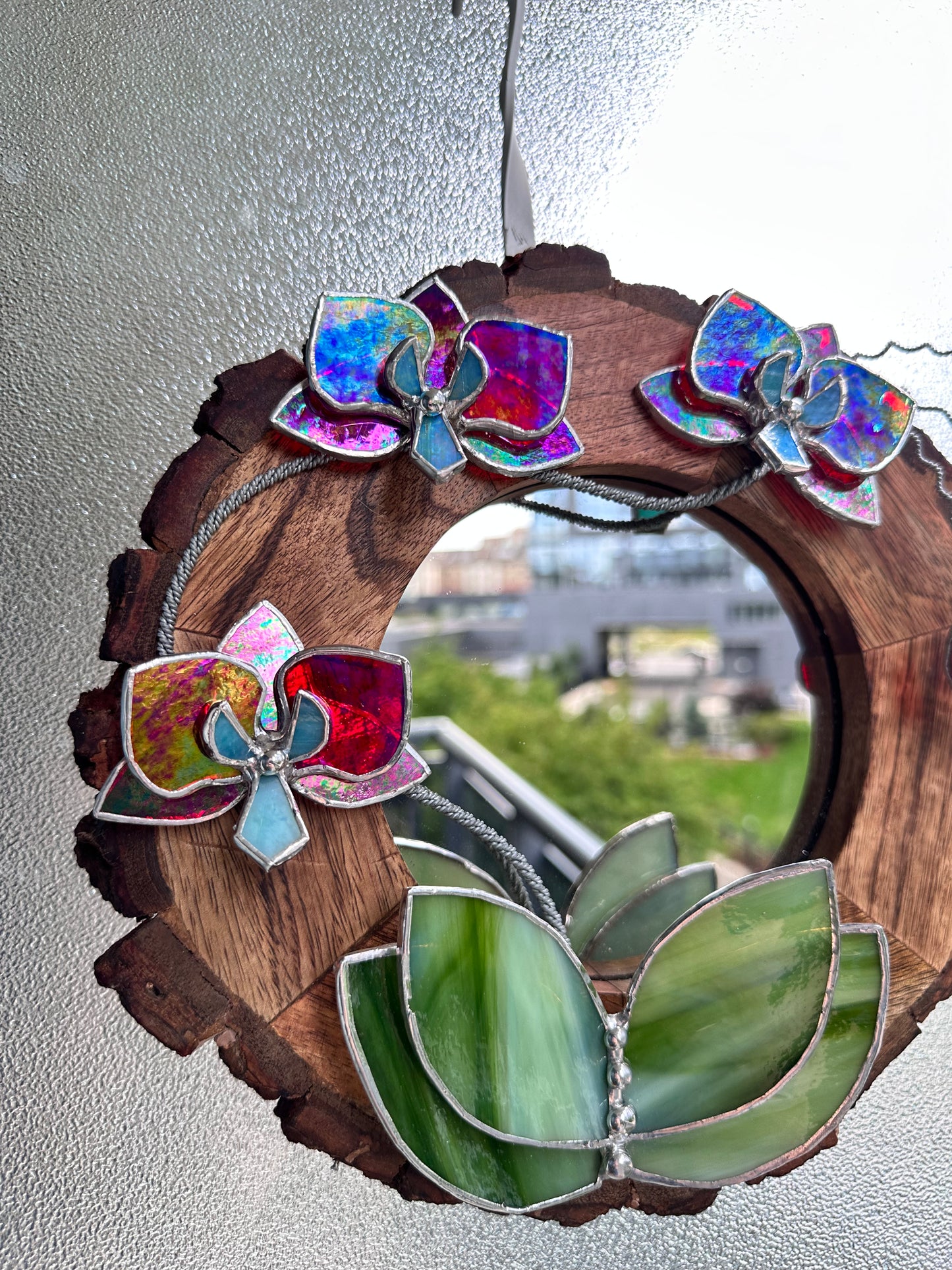 ". Red transparent iridescent Orchid Mirror" Stained glass flower Wall decor.  Sun catcher Wooden frame Home wedding Decor Art. Christmas gift