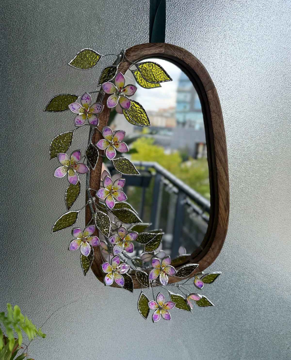 .Tropical Flower Hand Painted Stained glass Flower Mirror, 3D Botanical Floral Wall Art ready new