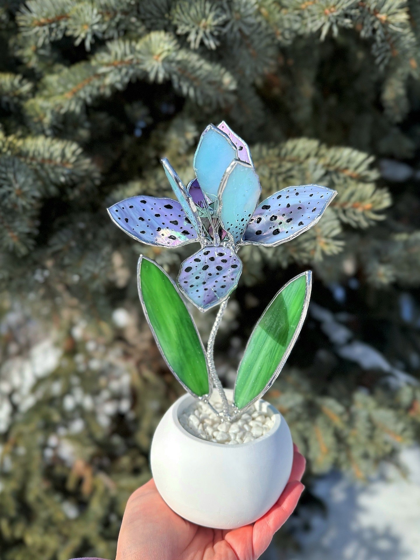 .Tropical Orchid in a pot, Botanical Stained Glass Modern Art Decor