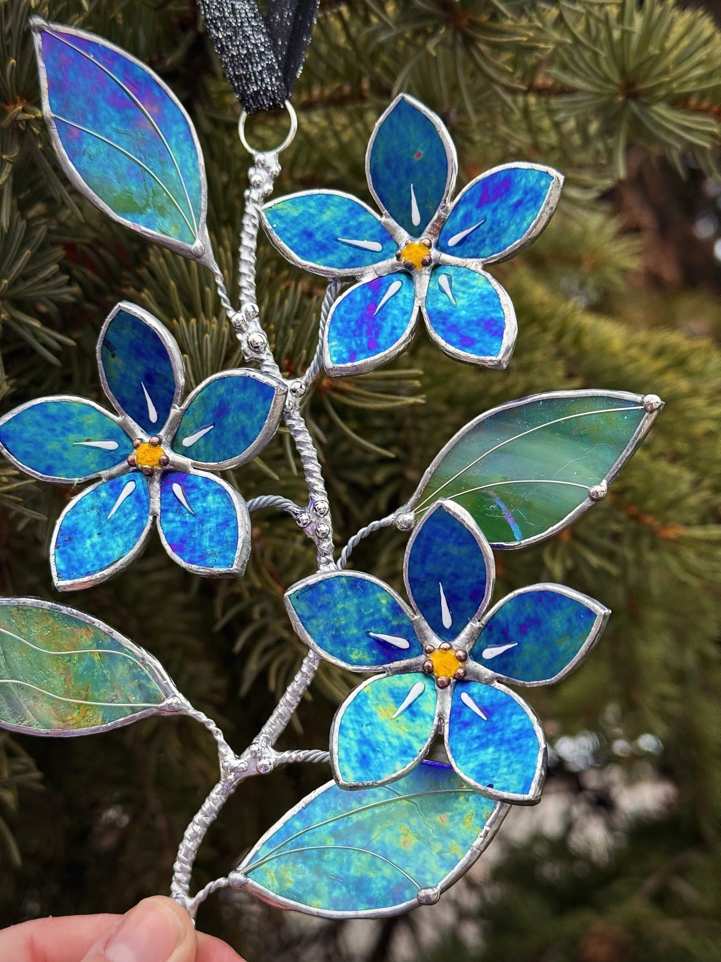"  . Forget me not flower Indigo iridescent Wall Pendant, Stained glass, Walldecoration, Suncatcher