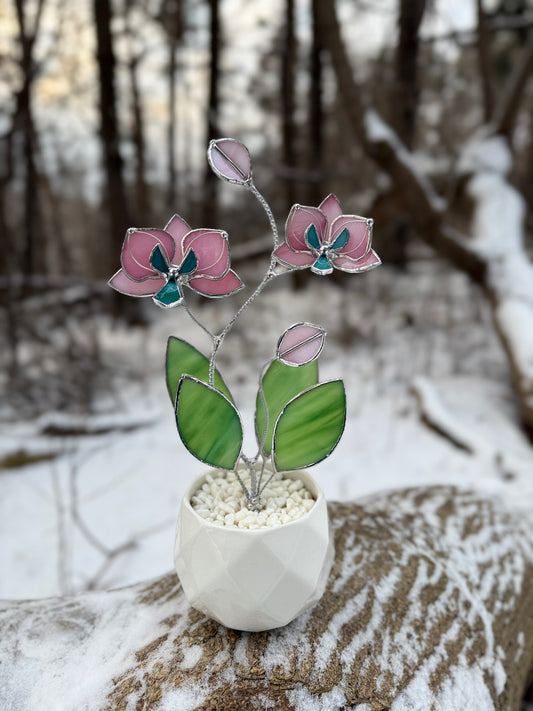 " . Bright Pink Orchid, 2 flowers with pot” Stained glass tropical flower 3D, Sun catcher, Table plant decor, Garden stick, Outdoor and gardening decor