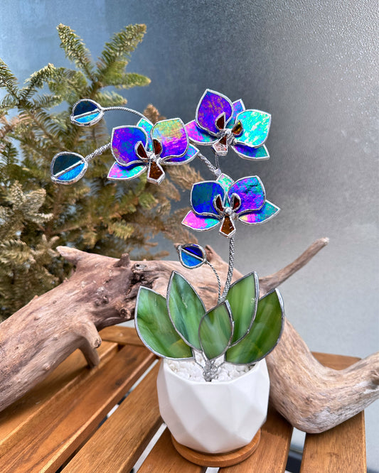 " .Indigo iridescent Orchid 3 flowers with pot” Stained glass tropical flower 3D, Sun catcher, Table plant, Garden stick, Outdoor and gardening decor