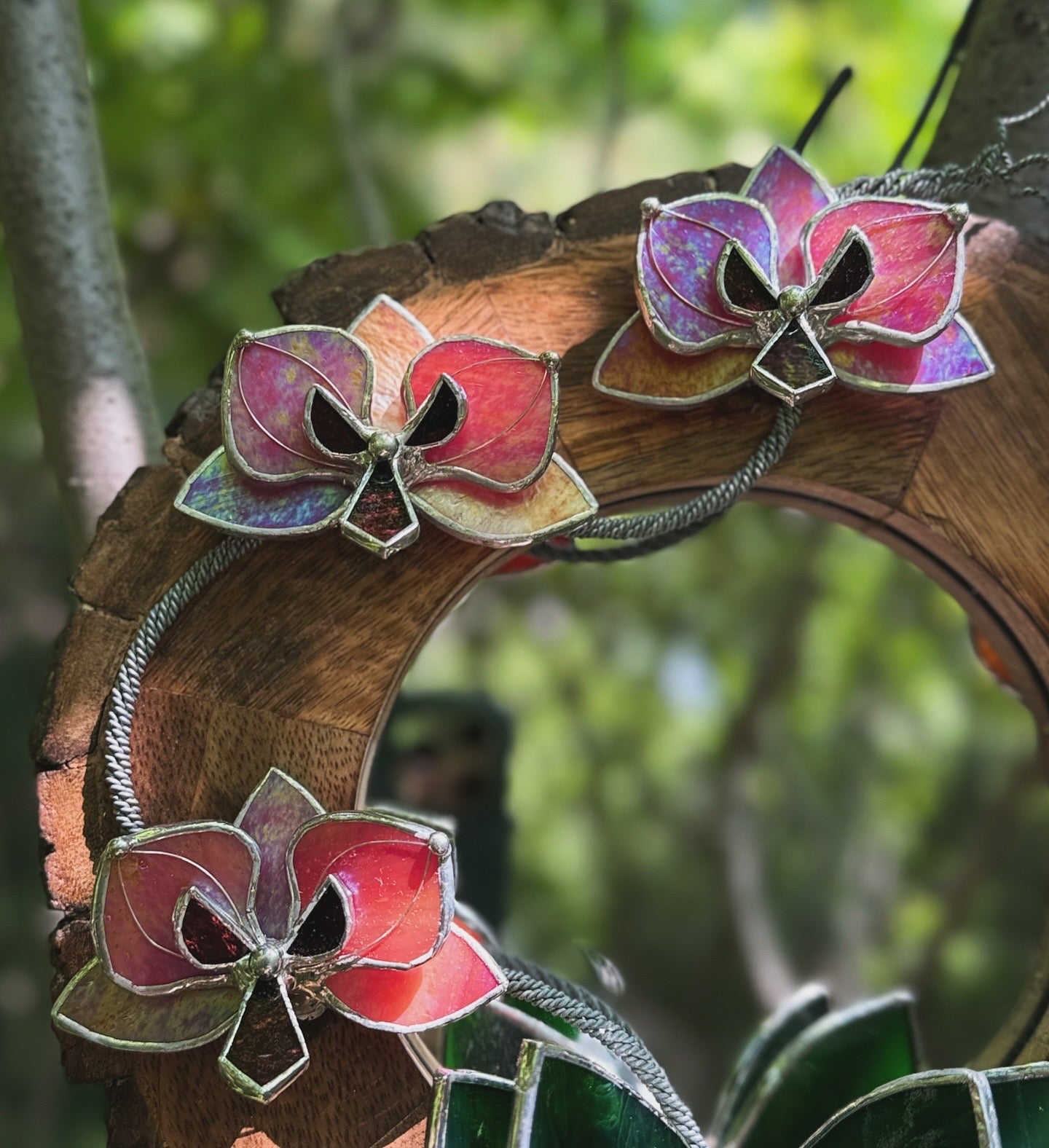 " . Berry red iridescent Orchid Mirror" Stained glass flower Wall decor.  Sun catcher Wooden frame Home wedding Decor Art. Christmas gift