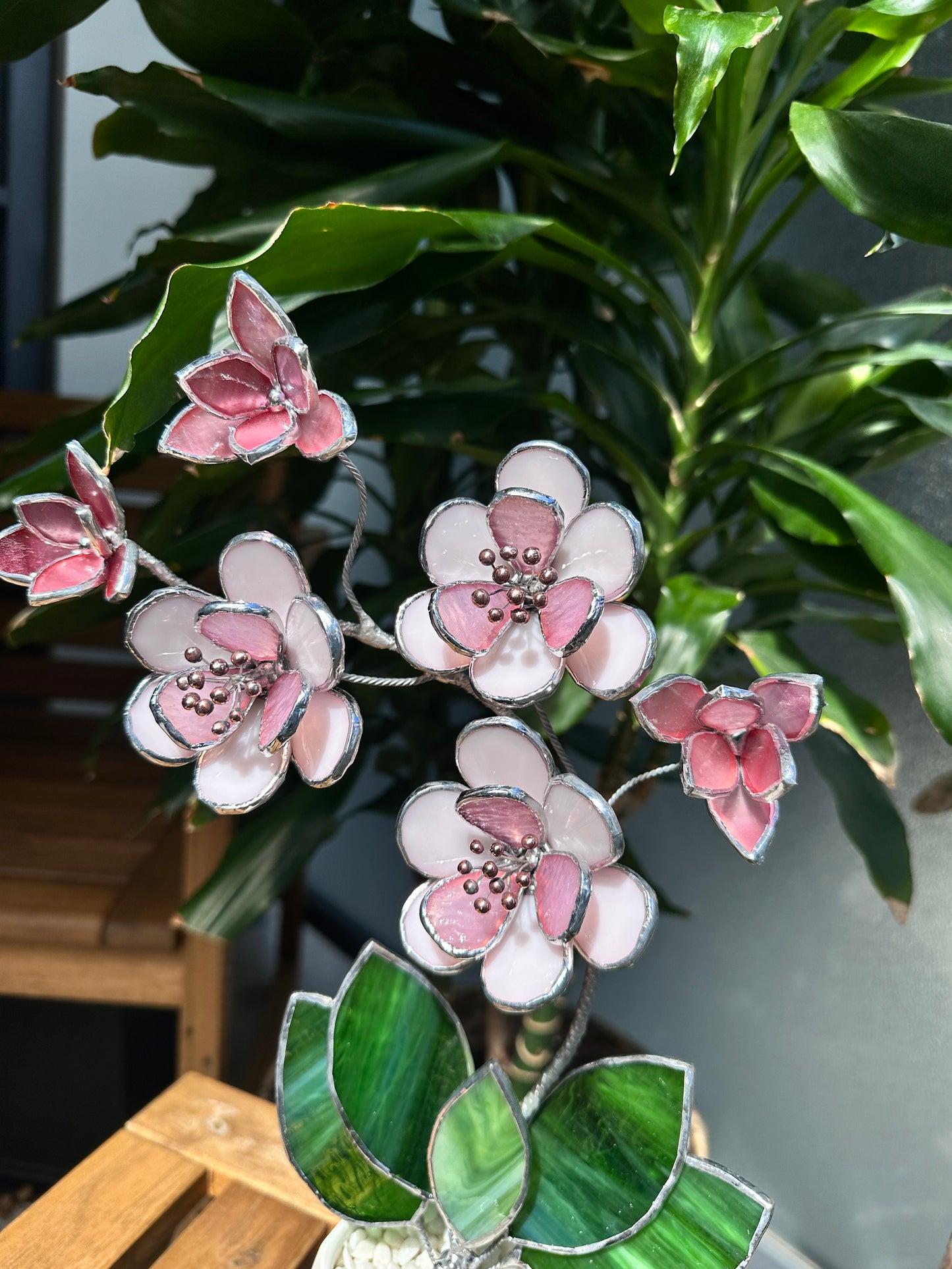 " . Sakura flowers with pot" Stained glass tropical flower 3D, Sun catcher, Table plant, Garden stick, wedding decor, Christmas gift