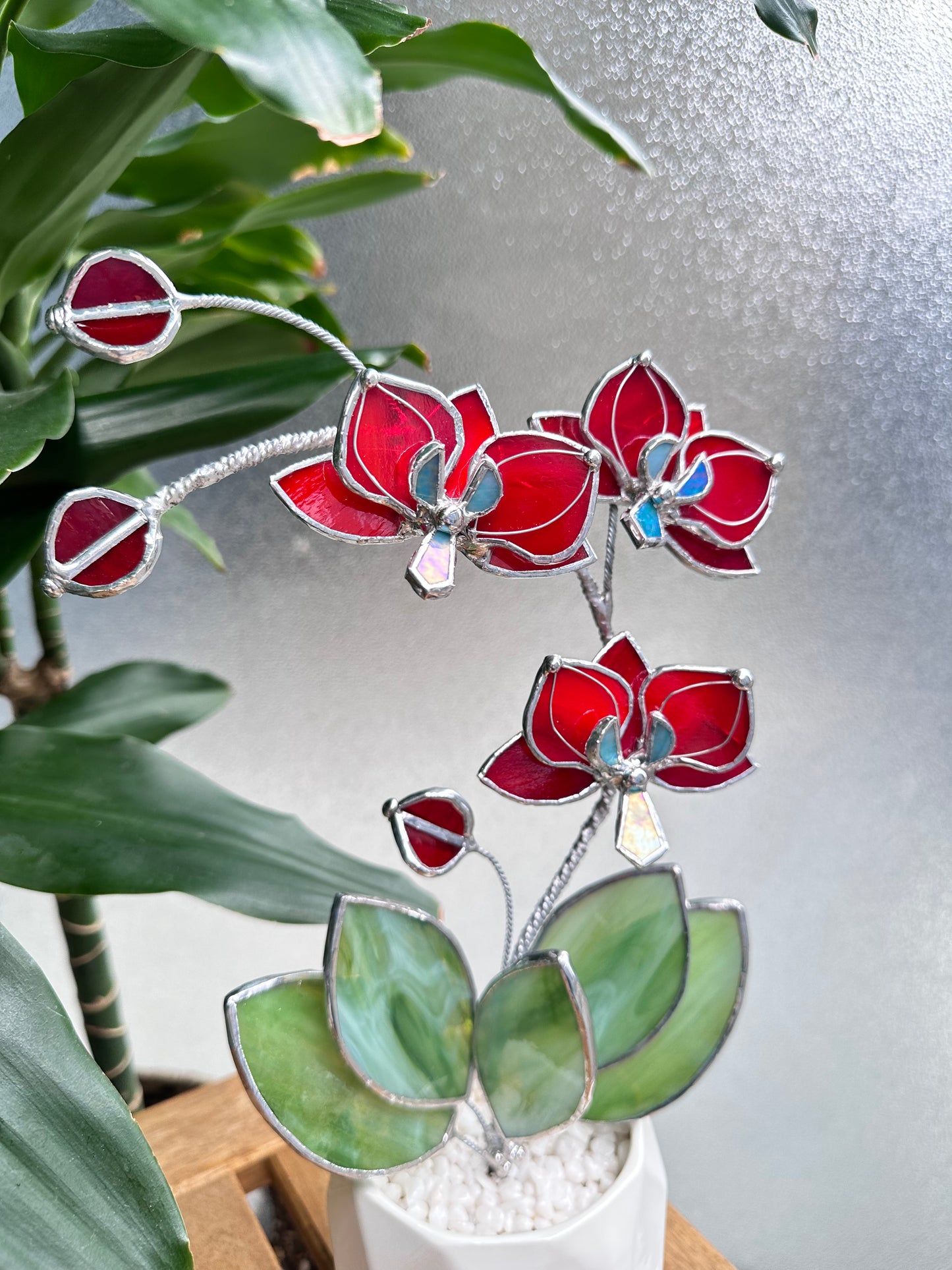 ". Ruby Red Orchid 3 flowers with pot” Stained glass tropical flower 3D, Sun catcher, Table plant decor, Garden stick, Outdoor and gardening decor