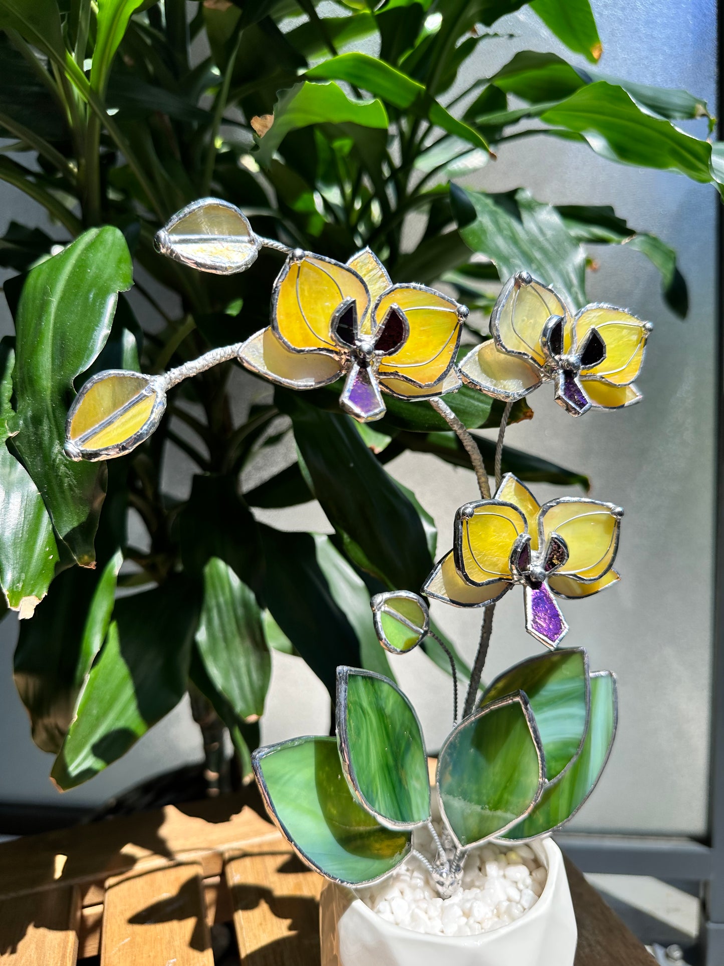 ". Yellow iridescent Orchid 3 flowers with pot” Stained glass tropical flower 3D, Sun catcher, Table plant, Garden stick, Outdoor and gardening decor