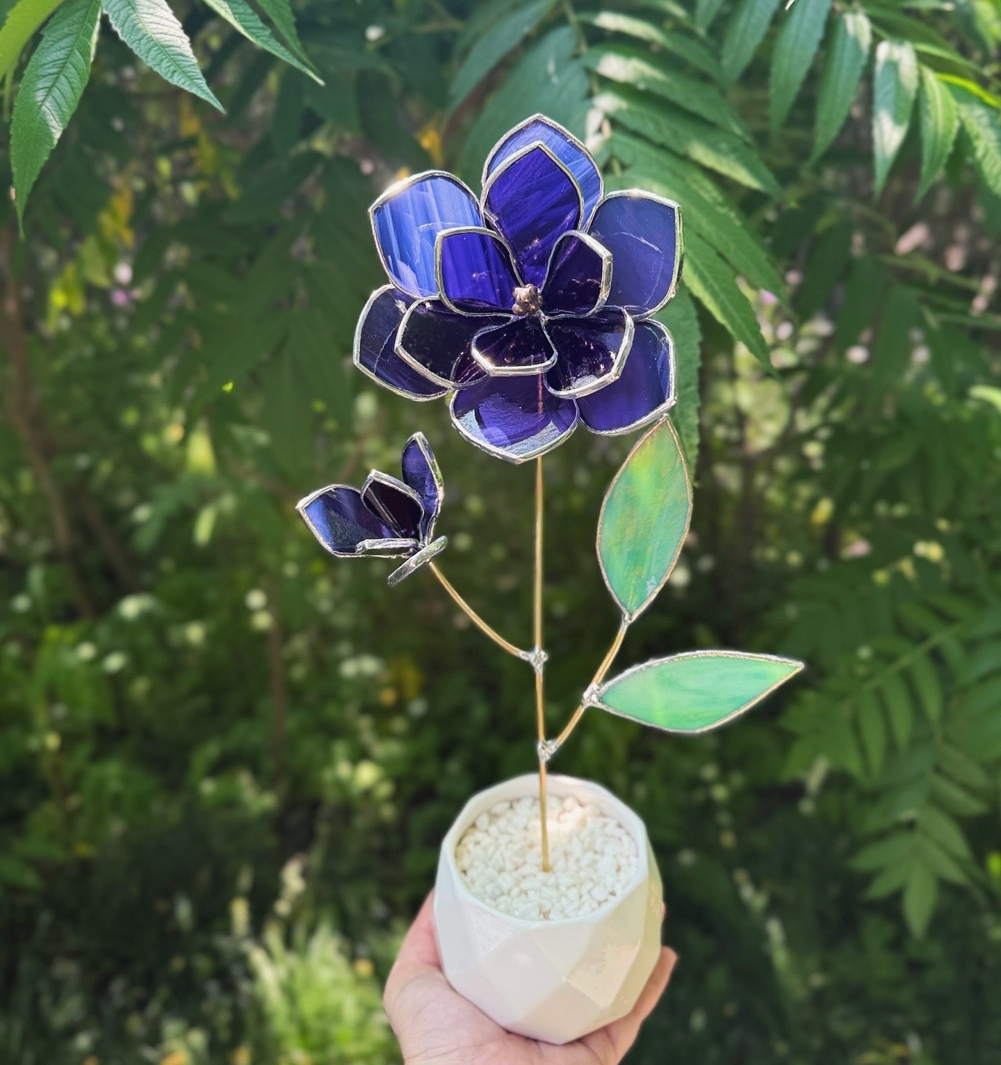 " . Amethyst Magnolia flower with a bud", Stained glass tropical flower 3D, Sun catcher, Table plant decor, wedding Christmas gift