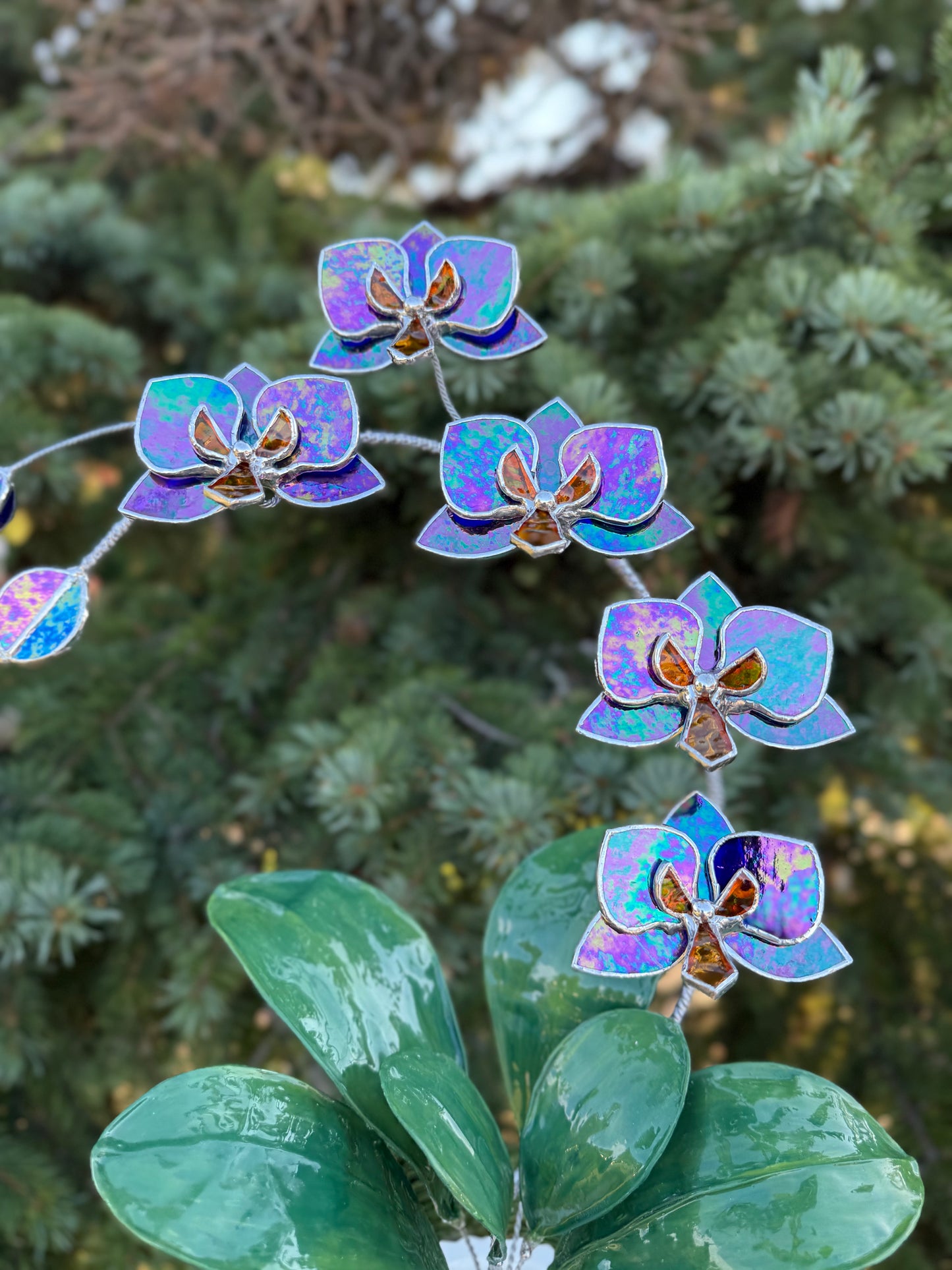 .Amethyst indigo Orchid, WITH RESIN LEAVES, 5 Flowers, Handmade Stained Glass Botanical Art Decor
