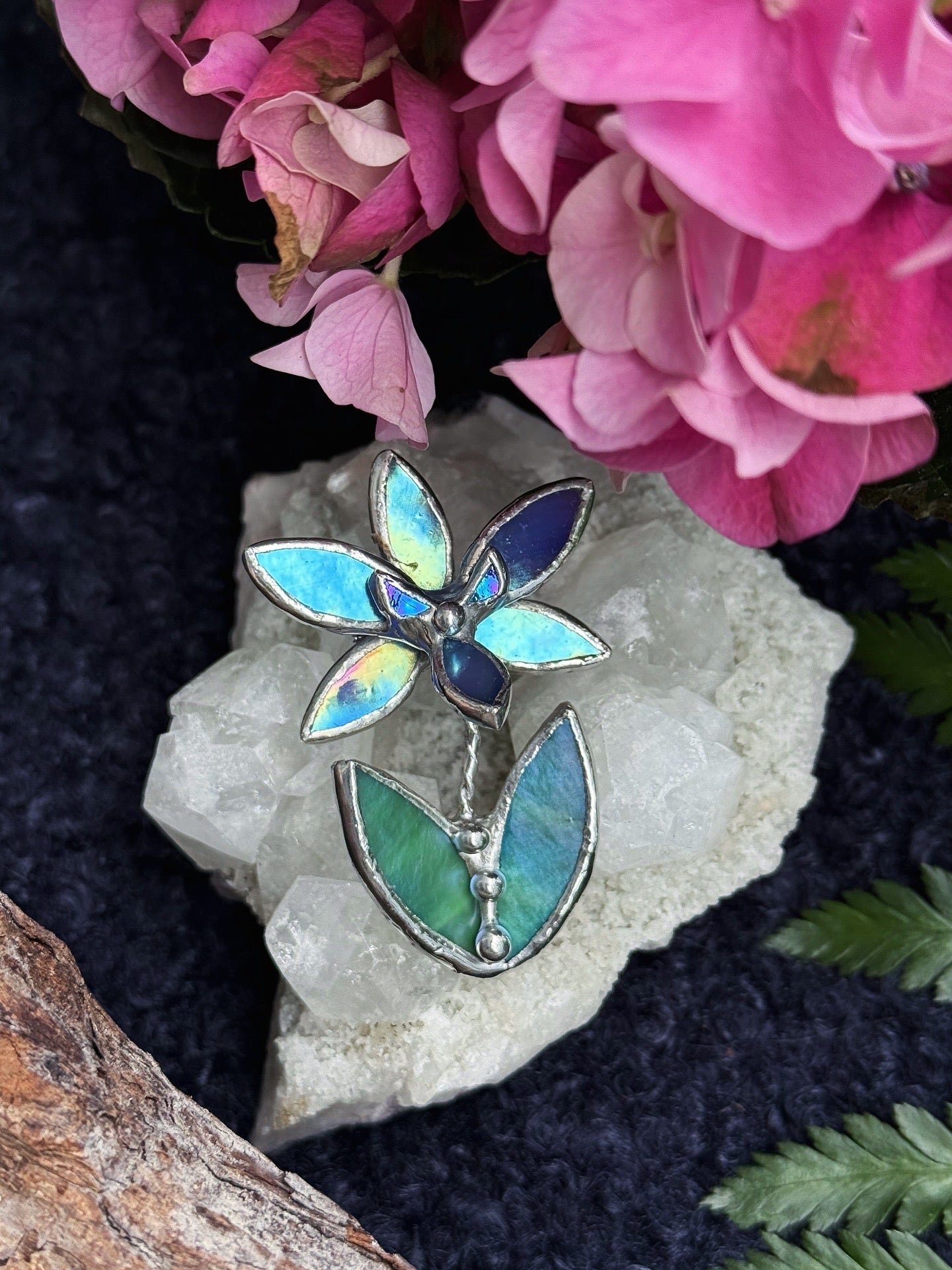 Orchid Blue lumi Brooch Stained Glass Floral Pin, Modern Art Jewelry statement ready new