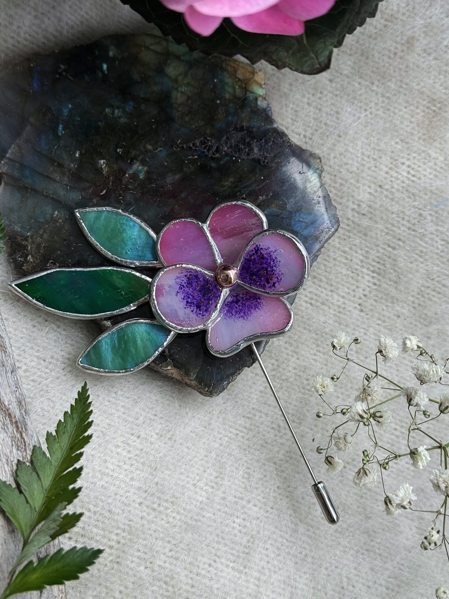 Pansy Brooch Statement Stained Glass Floral Pin, Modern Art Jewelry