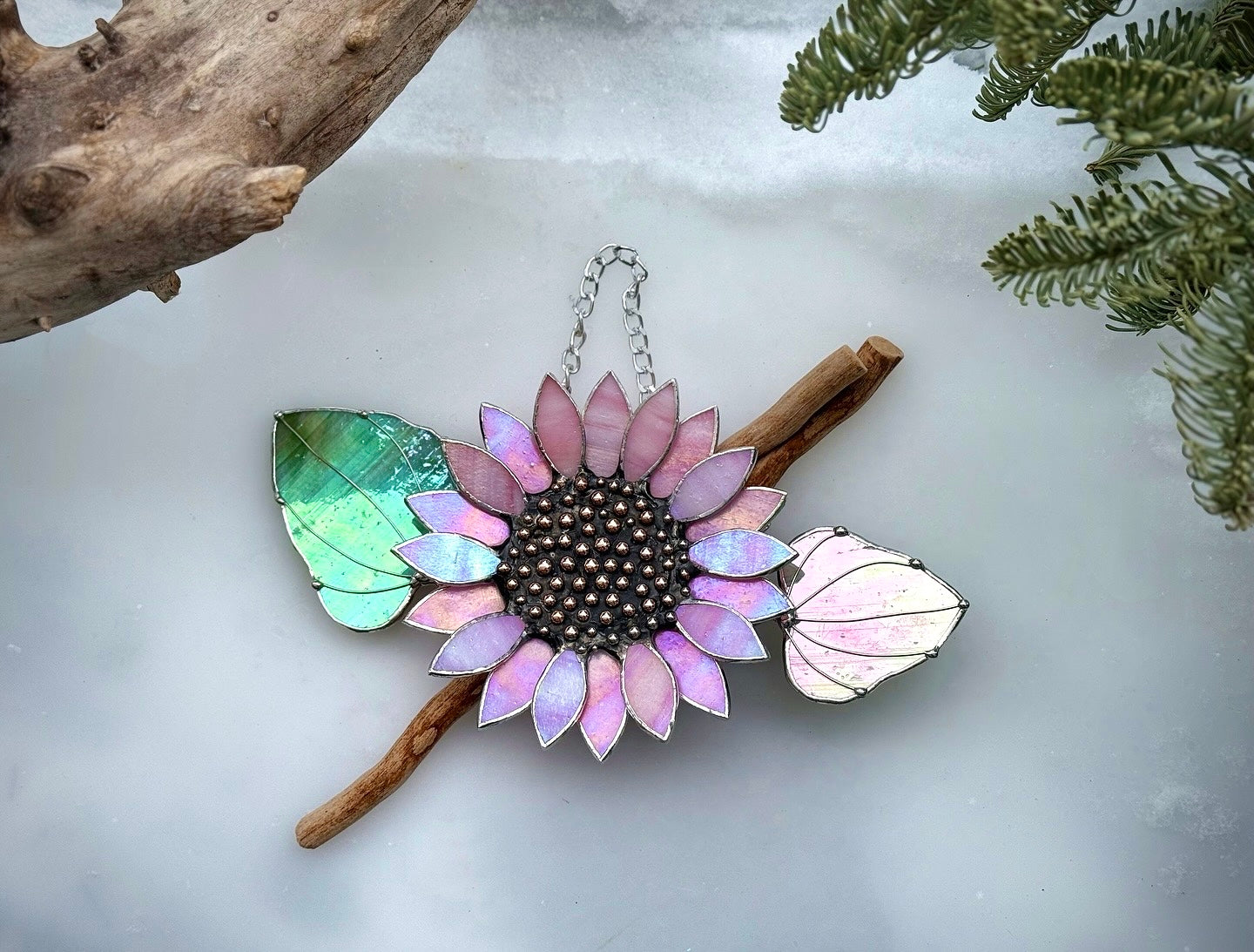 "  . Sunflower Delicate Pink irid ", stained glass wall decor, tropical flower 3D, Sun catcher, Plant decor