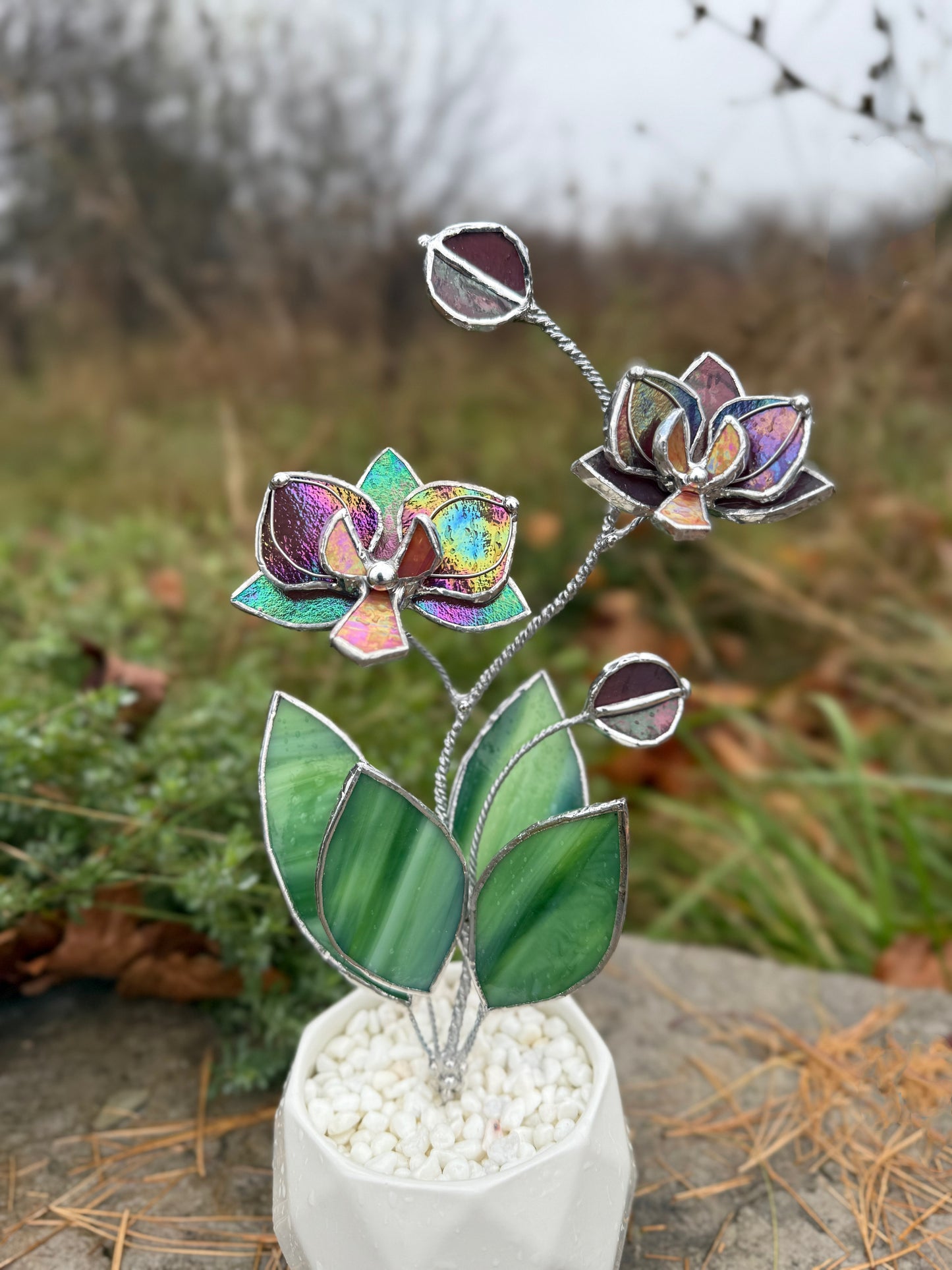 " . Mauve iridescent Orchid 2 flowers with pot” Stained glass tropical flower 3D, Sun catcher, Table plant decor, Garden stick, Outdoor and gardening decor