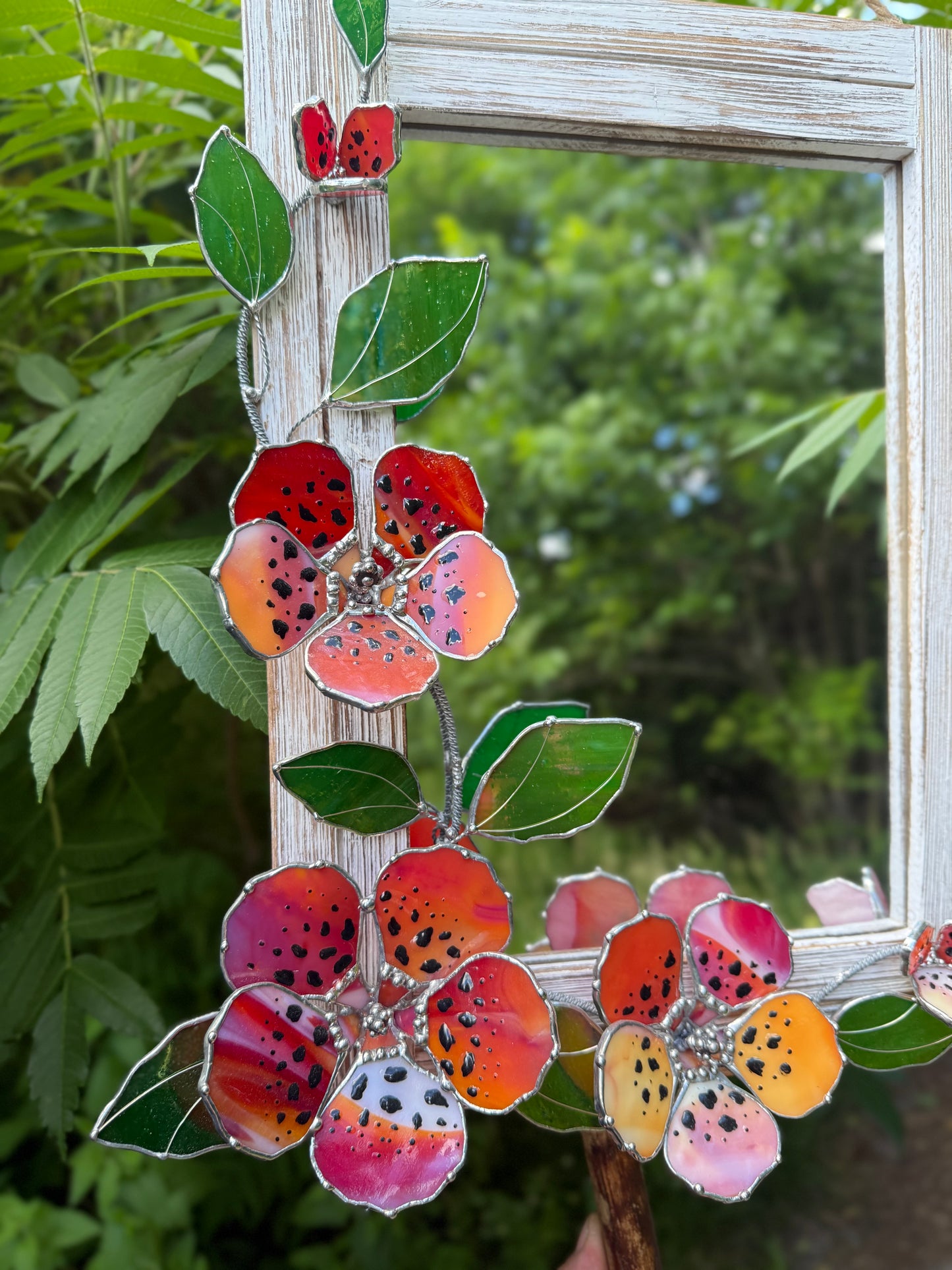.Hibiscus Stained glass Wall Mirror, 3D Botanical Floral Art ready