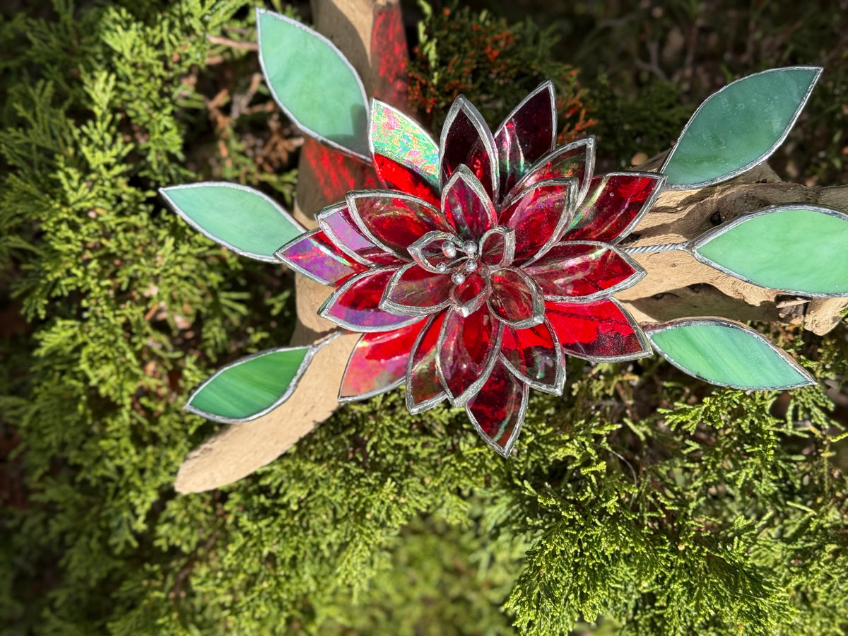 Fire Flower Iridescent Stained Glass Driftwood Wall Decor Suncatcher