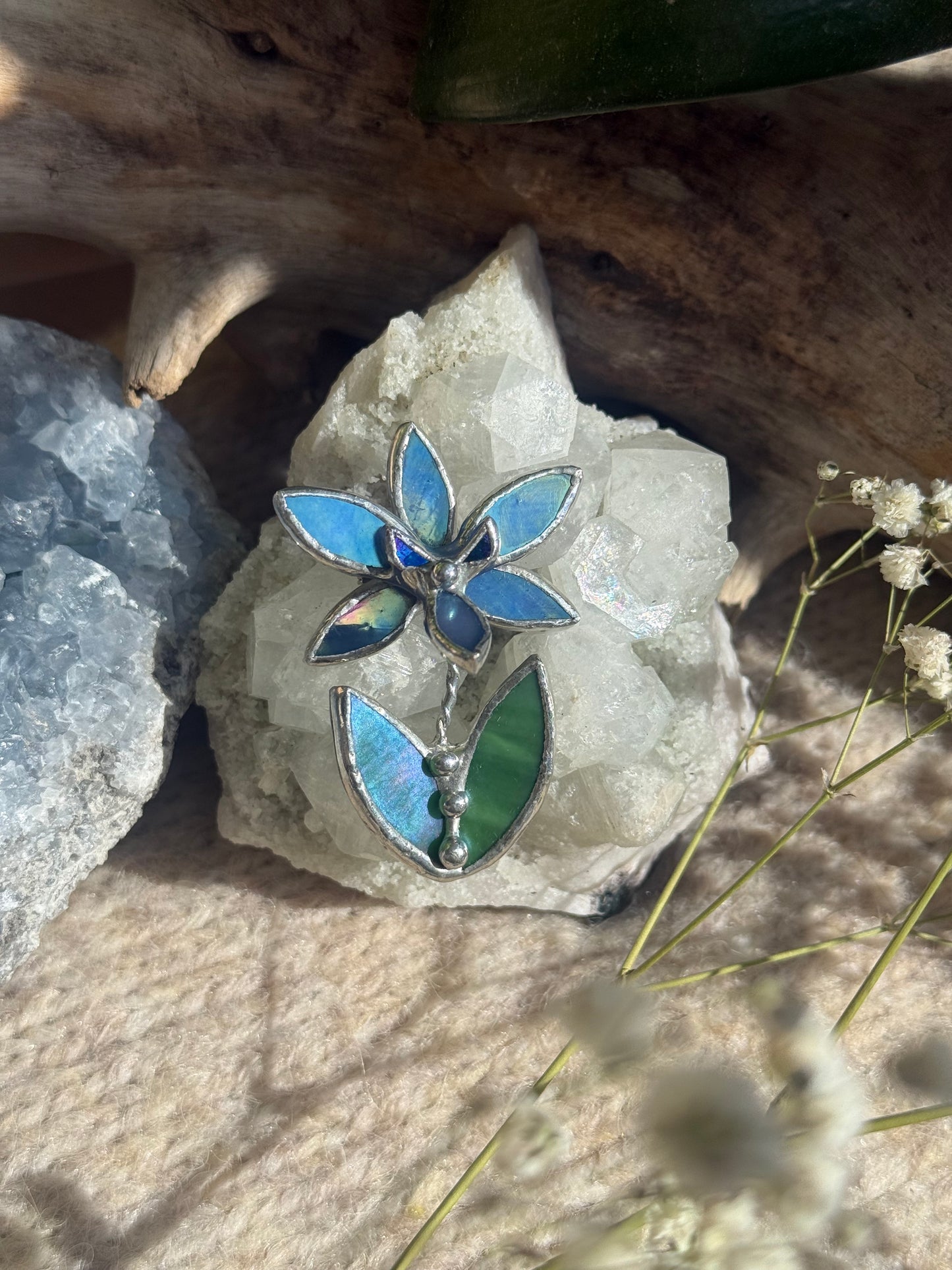 Orchid Blue lumi Brooch Stained Glass Floral Pin, Modern Art Jewelry statement ready new