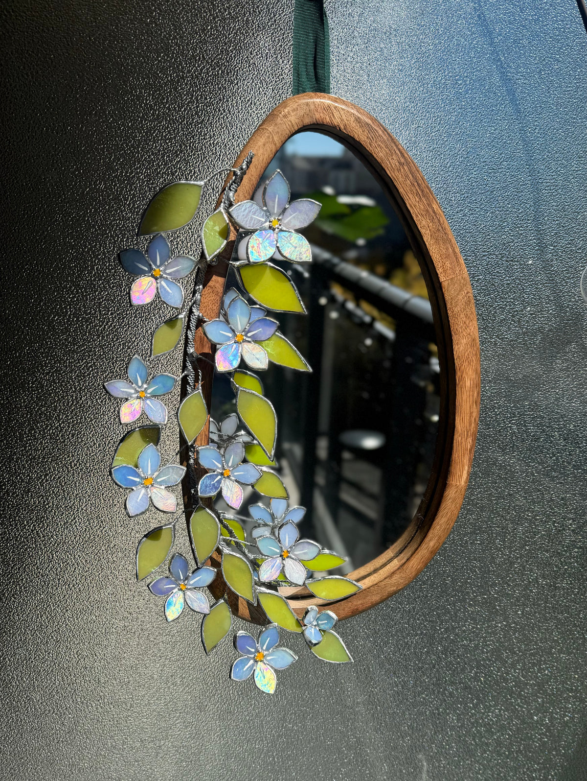 Forget Me Not iridescent Stained glass Flower Mirror, 3D Botanical Floral Wall Art ready new