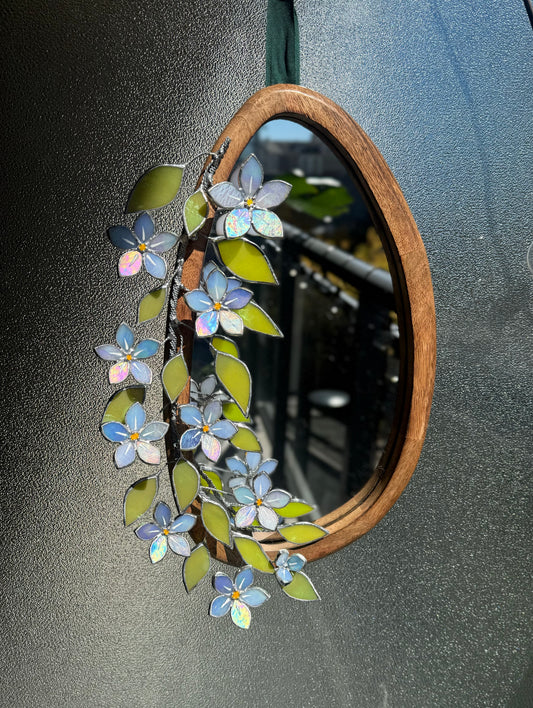 .Forget Me Not iridescent Stained glass Flower Mirror, 3D Botanical Floral Wall Art ready new