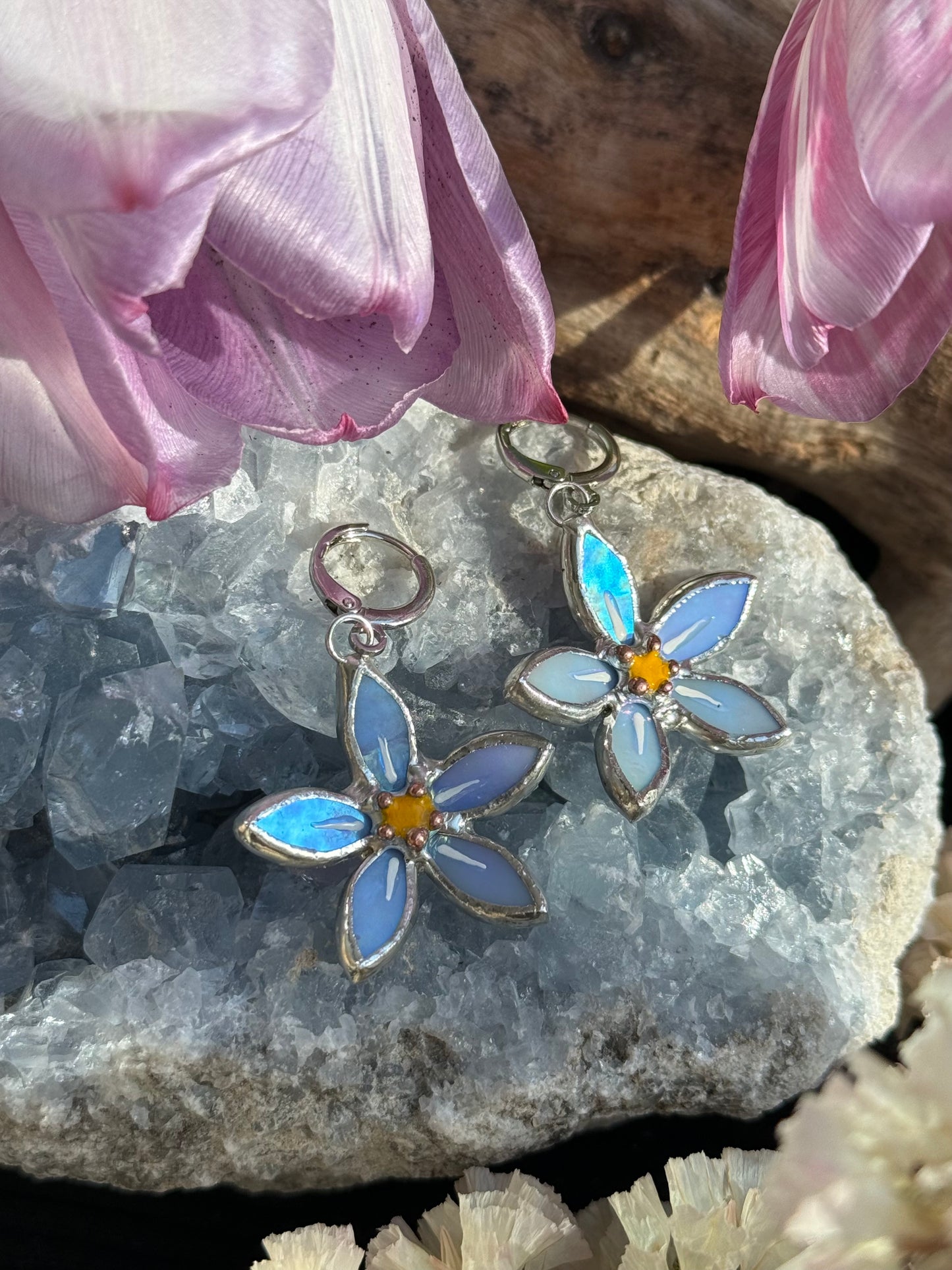 Forget Me Not Earrings Sky Blue Iridescent Handcrafted Stained glass Botanical Art Jewelry