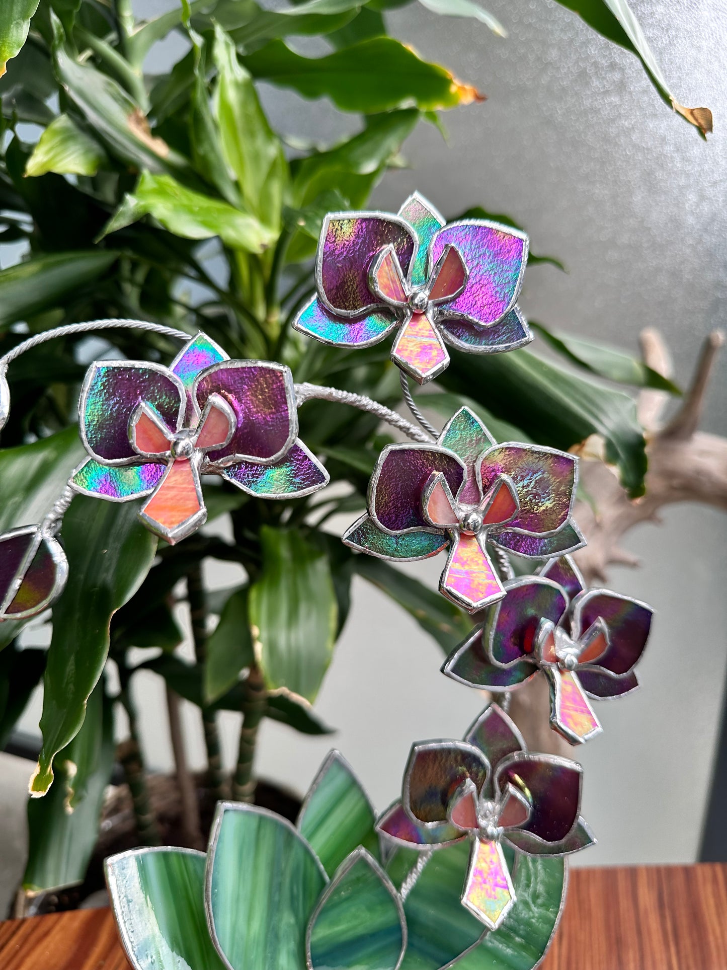 " . Mauve iridescent Orchid 5 flowers with pot" Stained glass tropical flower 3D, Sun catcher, Table plant, Garden stick, wedding decor, Christmas gift, available