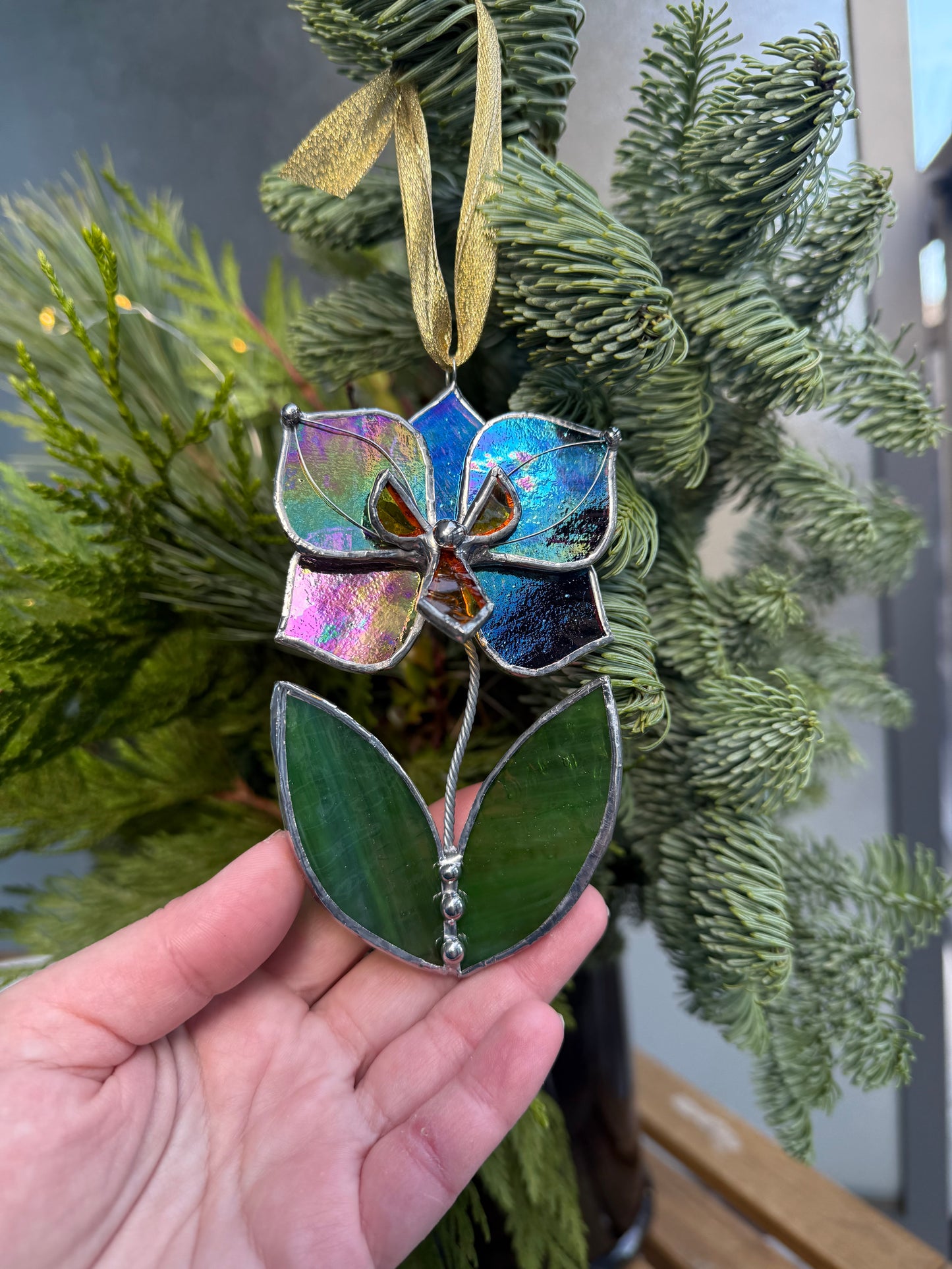 " . Butterfly Orchid flower with leaves Plum transparent irid, Stained glass Decorative ORNAMENT, Christmas decoration, Suncatcher