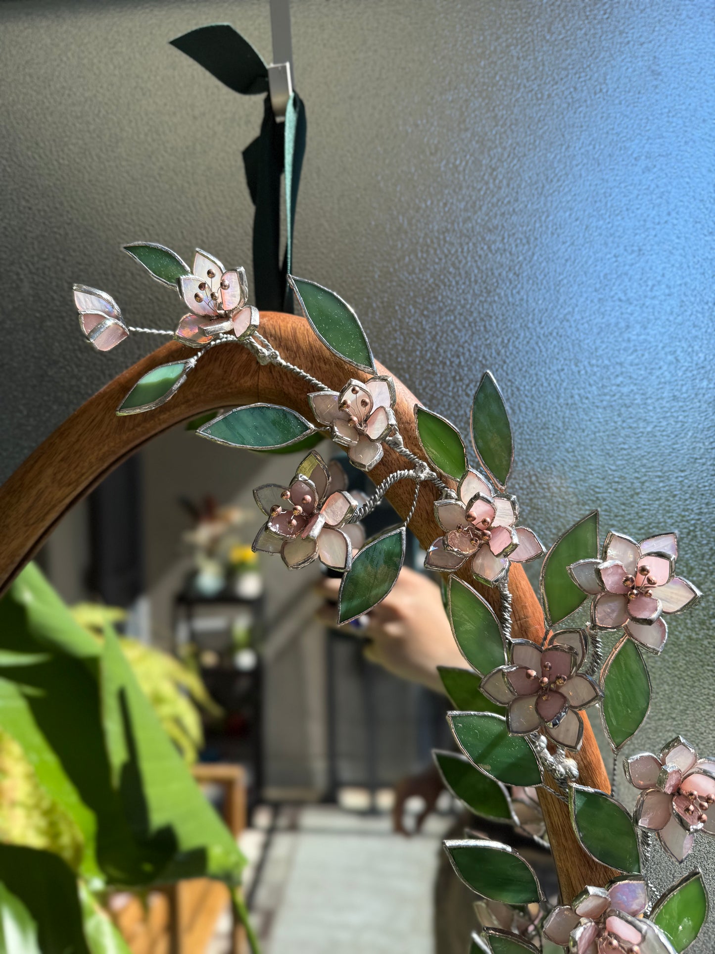 .Pink Sakura Stained glass Wall Mirror, 3D Botanical Floral Art ready new