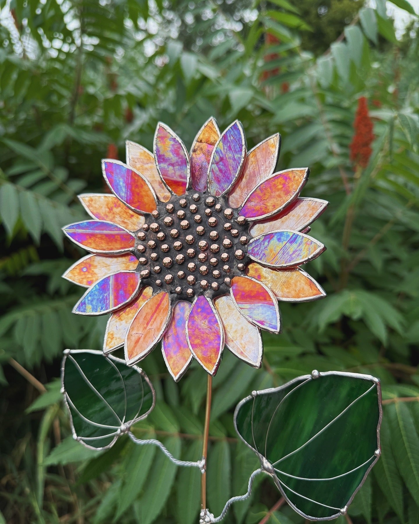 " .  Sunflower Red Amber iridescent", stained glass tropical flower 3D, Sun catcher, Table plant decor, Garden stake, Outdoor and gardening, wedding Christmas gift