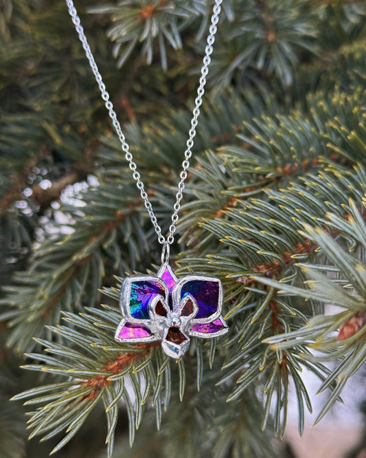 " . Necklace Orchid Indigo iridescent Necklace” Stained glass tropical flower 3D, art jewelry