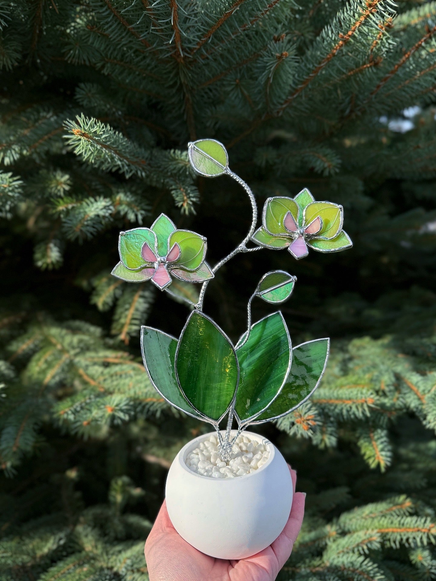 " .  Bright green iridescent Orchid, 2 flowers with pot” Stained glass tropical flower 3D, Suncatcher, Table plant decor