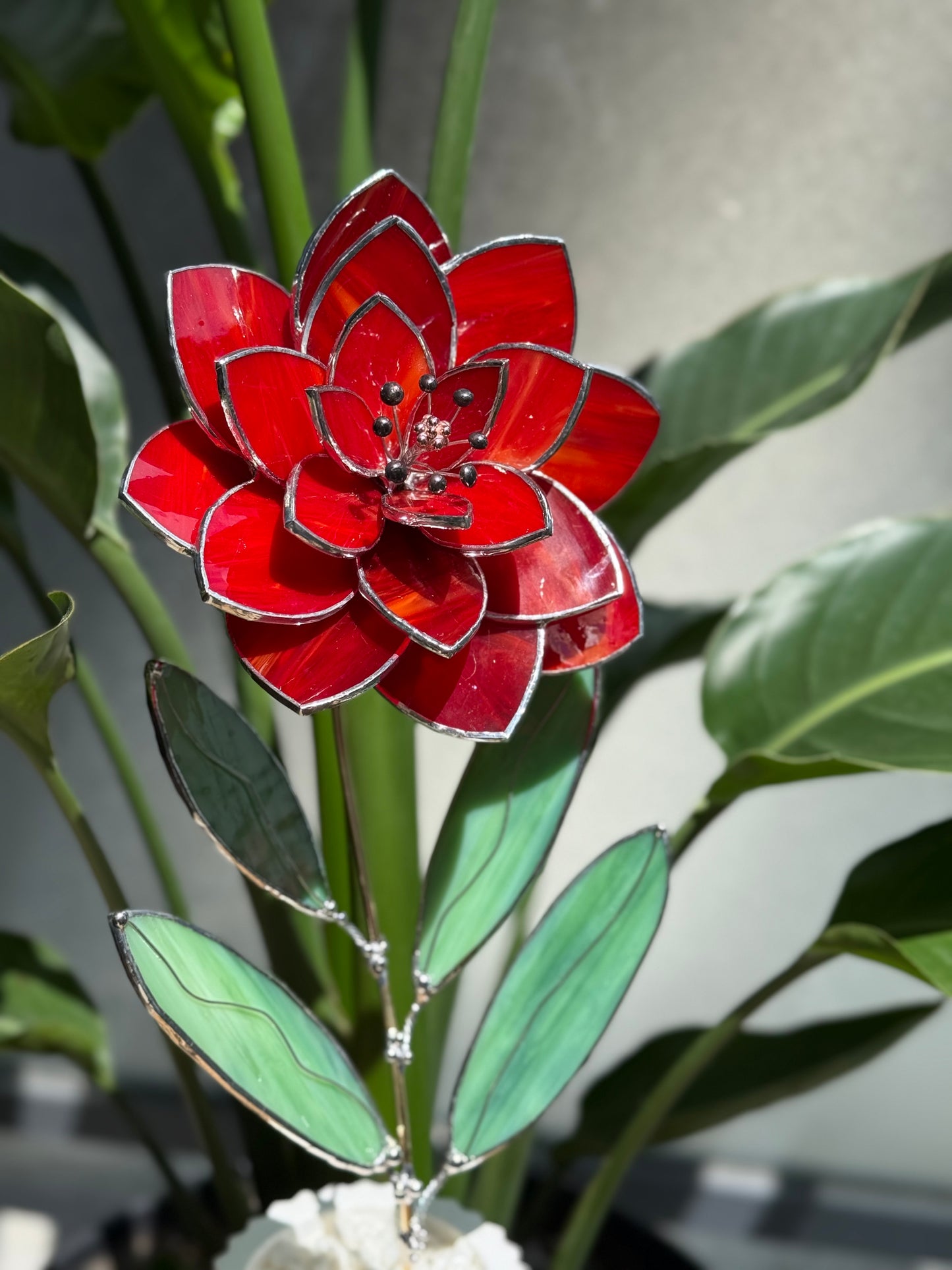 .Amber Red Peony Stained glass flower 3D Botanical Table Plant Decor new