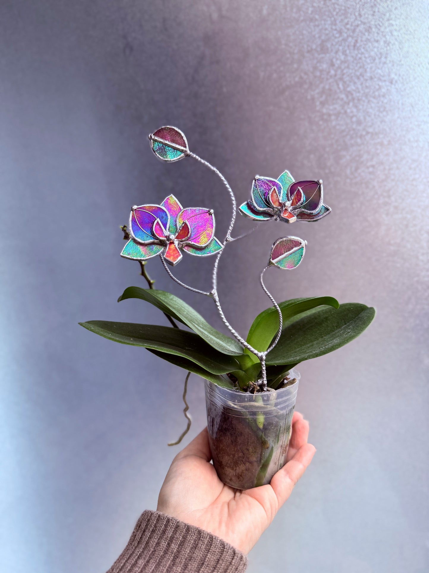 " . Mauve irid Orchid flower stick, Plant stake 2 flowers no pot” Stained glass tropical flower 3D, Sun catcher, Table plant, Garden stick, Outdoor and gardening decor