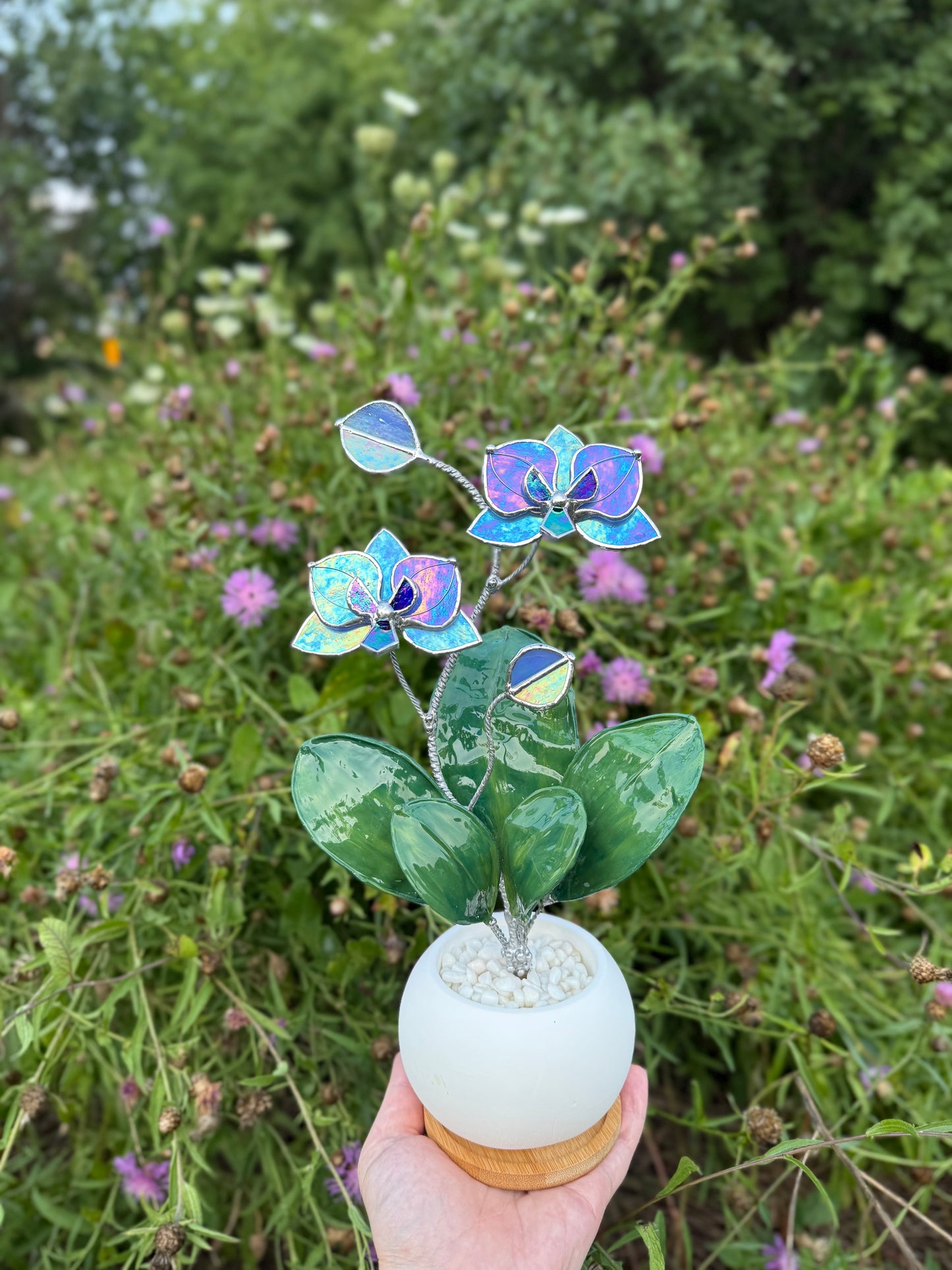 Orchid Blue lavender WITH RESIN Hand painted LEAVES Stained Glass 2 flowers in a Pot, Botanical Art Sculpture