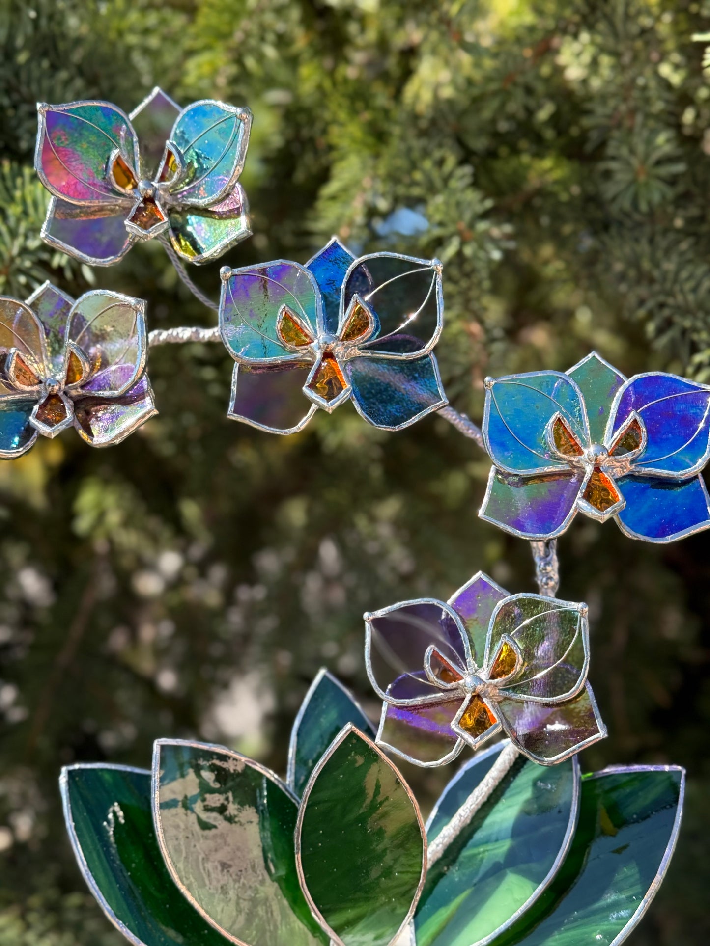 " .  Butterfly Orchid Purple transparent iridescent, 5 flowers with pot”, Stained glass tropical flower 3D, Suncatcher, Table plant