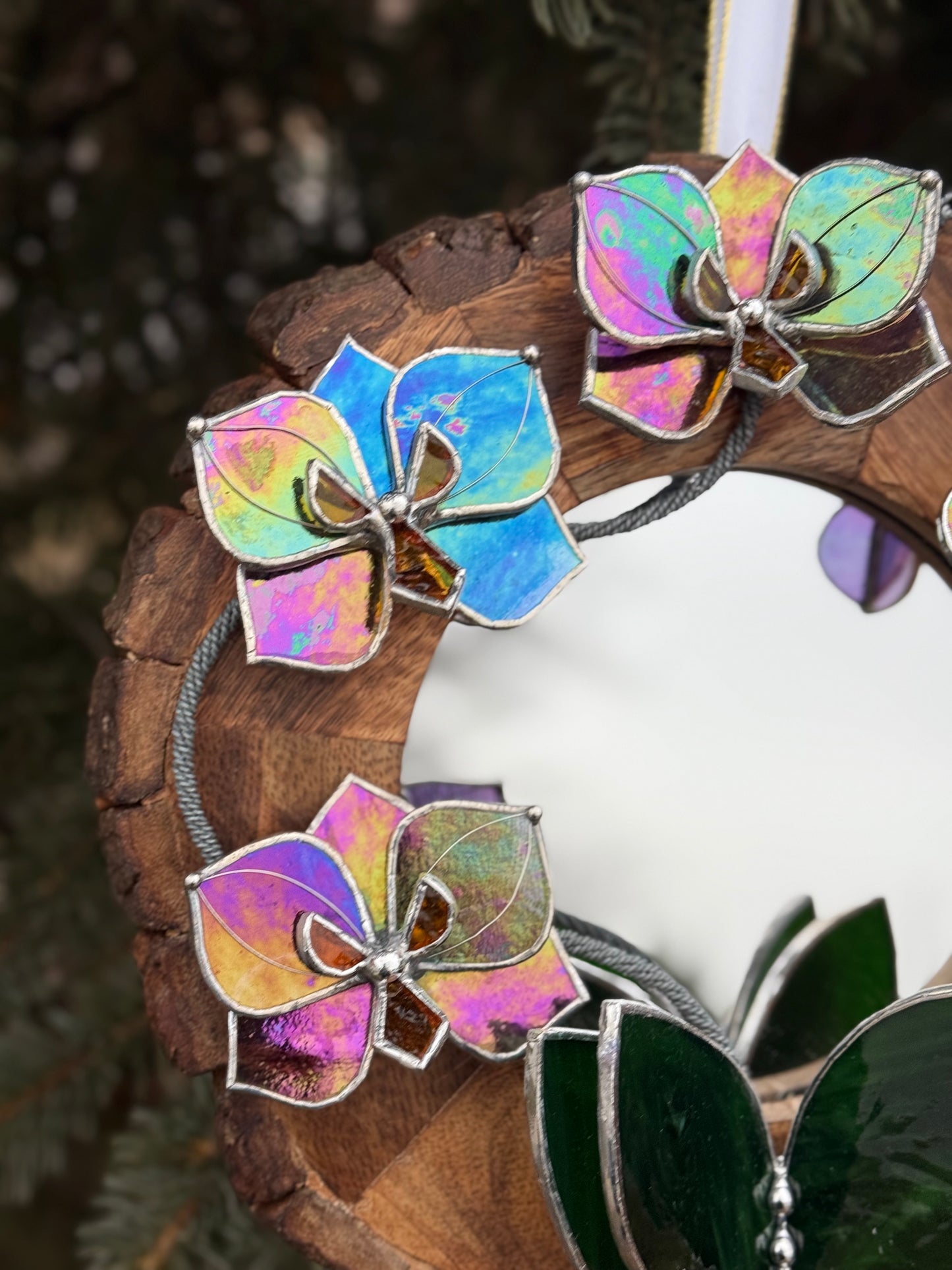" . Iridescent Butterfly Orchid Mirror”, Stained glass flower Wall decor, Suncatcher, Home wedding Decor, Christmas gift