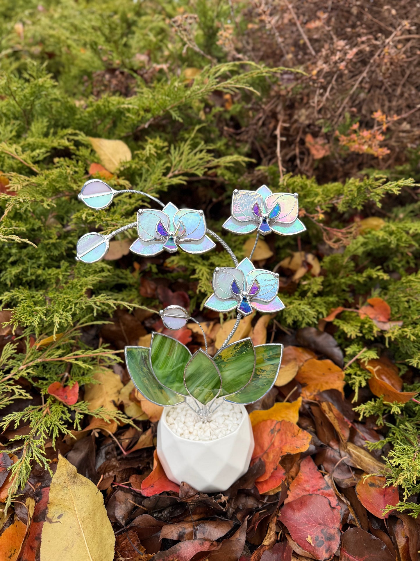 " . Orchid White luminescent, 3 flowers with pot” Stained glass tropical flower 3D, Suncatcher, Table plant decor