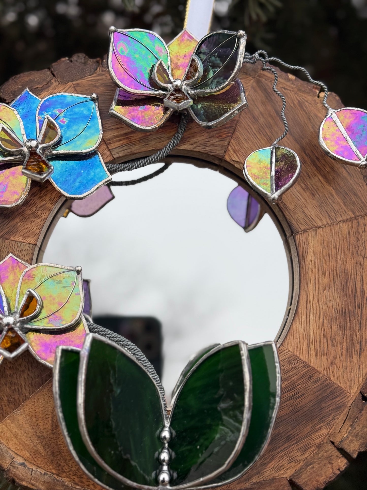 " . Iridescent Butterfly Orchid Mirror”, Stained glass flower Wall decor, Suncatcher, Home wedding Decor, Christmas gift