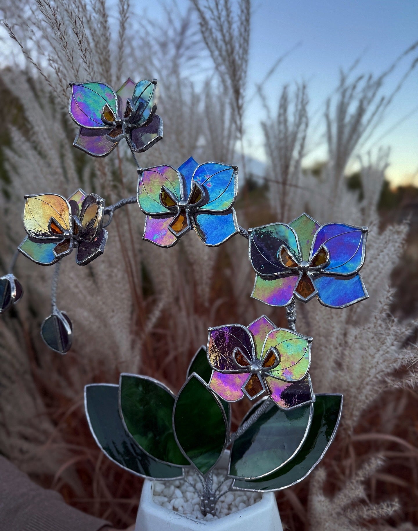 " . Butterfly Orchid Purple transparent iridescent, 5 flowers with pot”, Stained glass tropical flower 3D, Suncatcher, Table plant sale