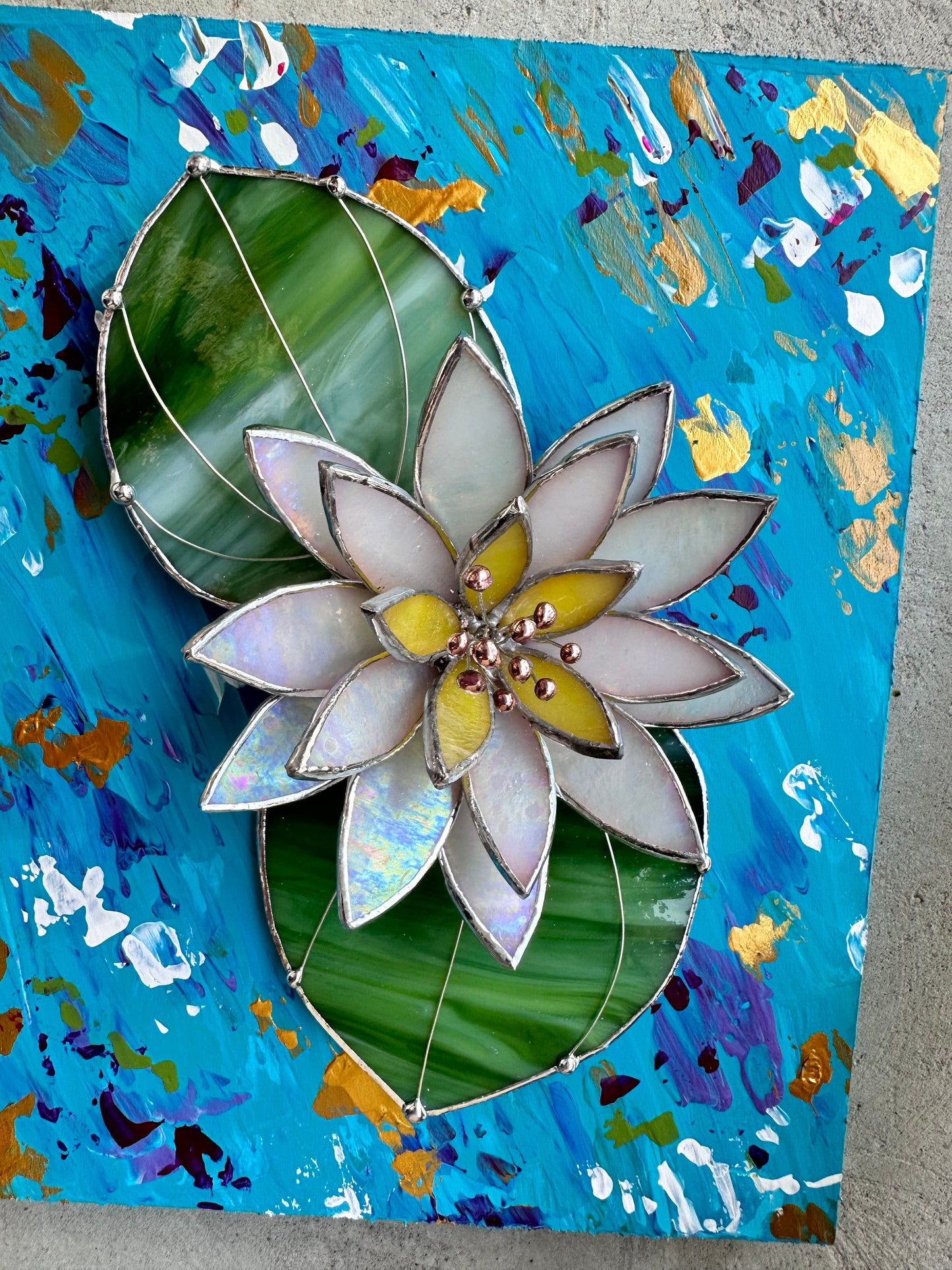 ".Acrylic painting ‘Lily Pond’ with stained glass 3D water Lily, Wall decor, Wedding, Christmas gift, available