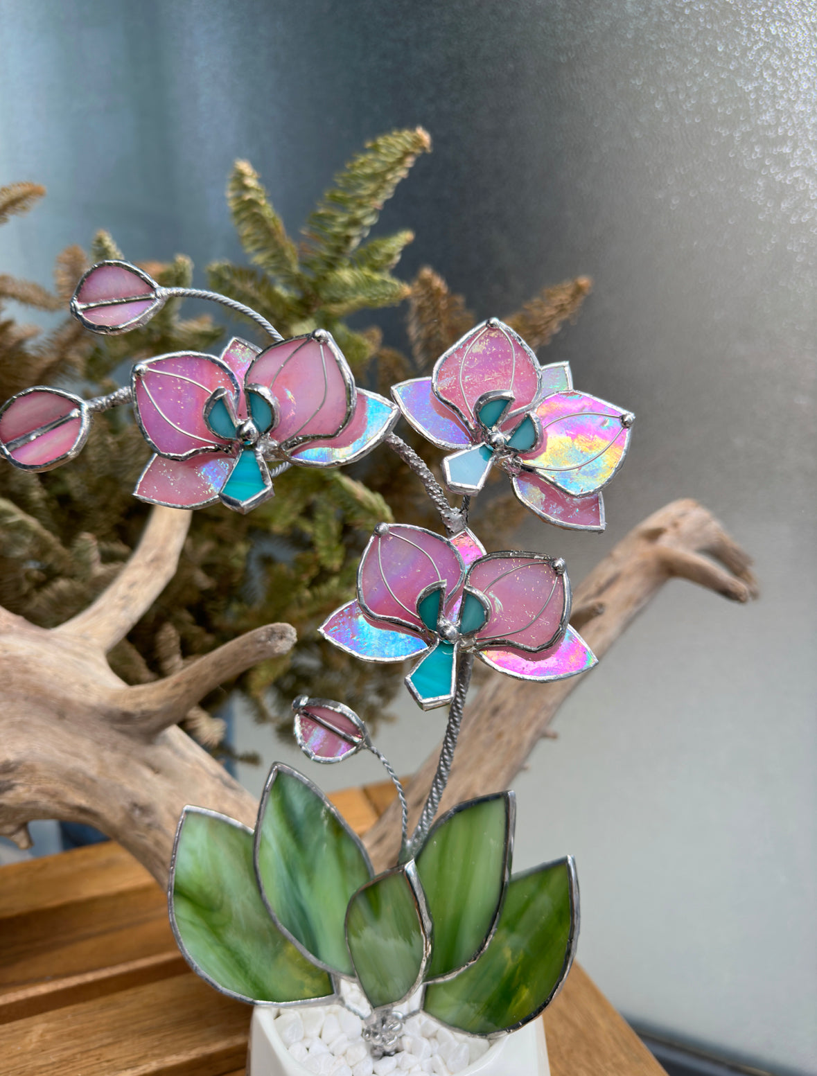 " . Candy Pink iridescent Orchid 3 flowers with pot” Stained glass tropical flower 3D, Sun catcher, Table plant, Garden stick, Outdoor and gardening decor