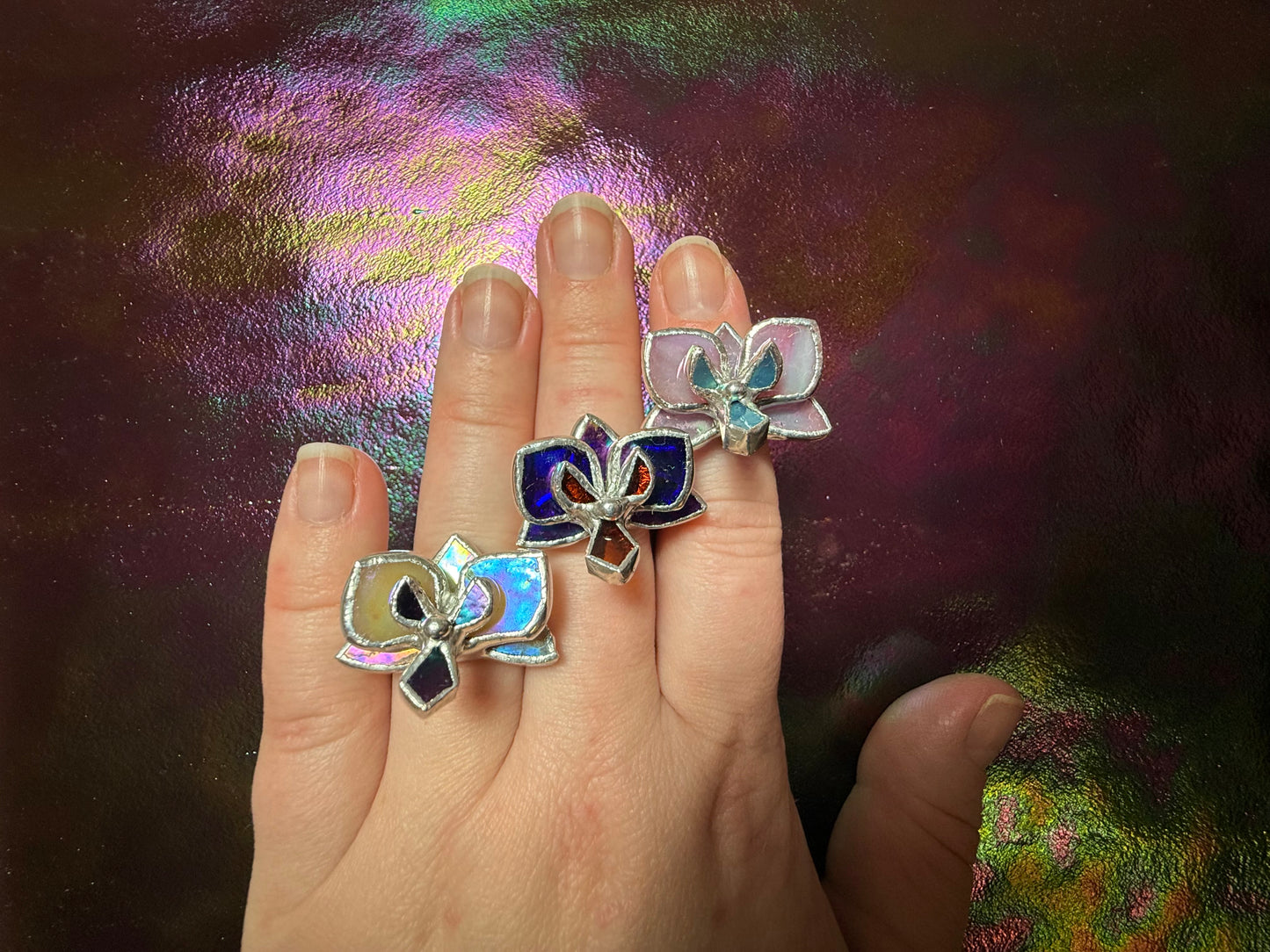 " . Ring Indigo irid transparent Orchid” Stained glass tropical flower 3D, art jewelry