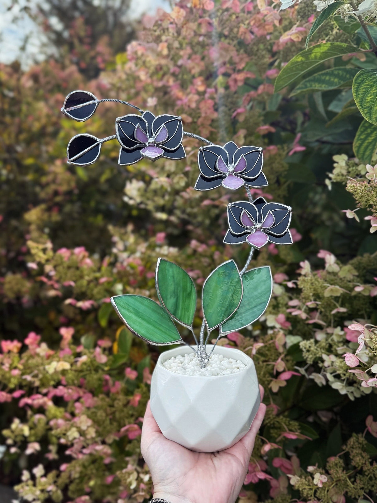 Black Pink Orchid 3 flowers with pot, Stained glass tropical flower, Sun catcher