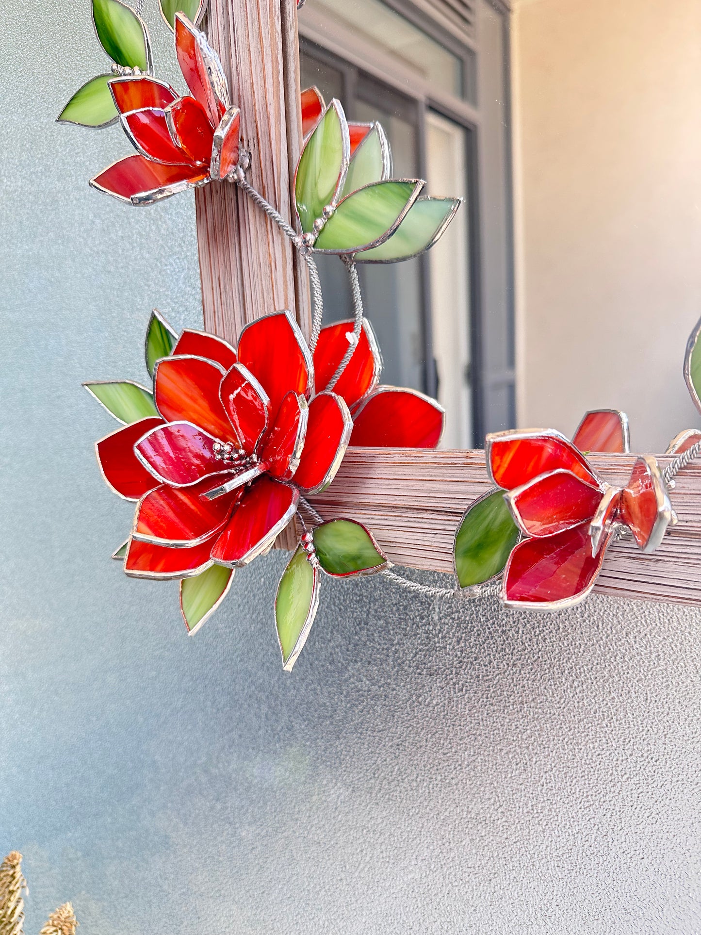 ".Stained glass flower Mirror Magnolia Red & Beige " Wedding Wall Decor, gift Everlasting flower, Suncatcher, Echeveria