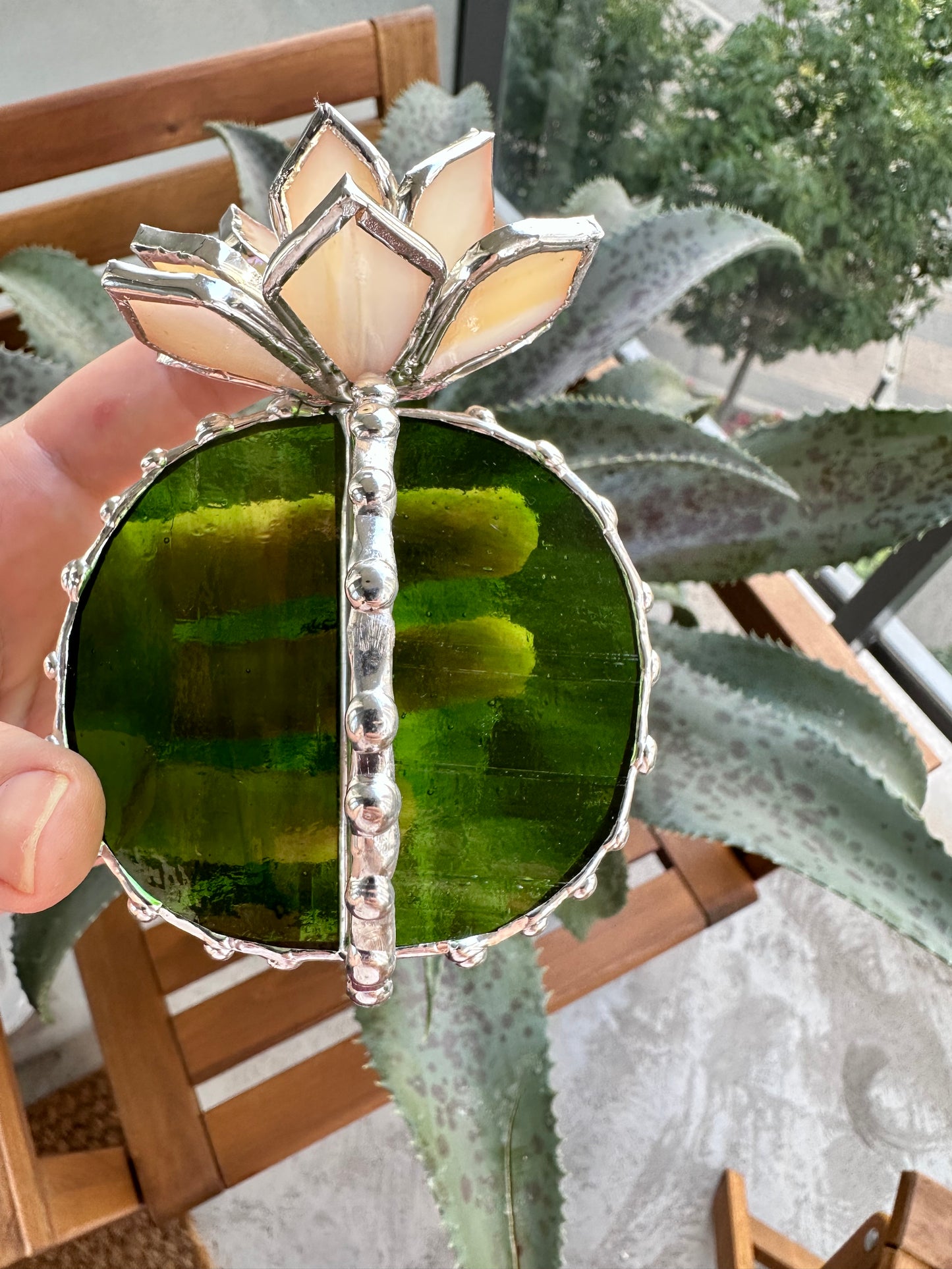 "Cactus XL Beige Green Iridescent Luminescent" Stained glass Succulent 3D Cacti house plant  Sun catcher glass art wedding