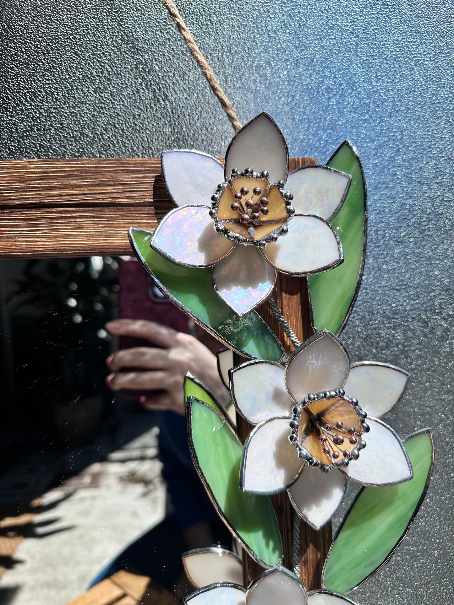 " . Flower Mirror Daffodil Pearl White”, Stained glass Wedding Wall Decor, Christmas gift Everlasting plant, Suncatcher, available