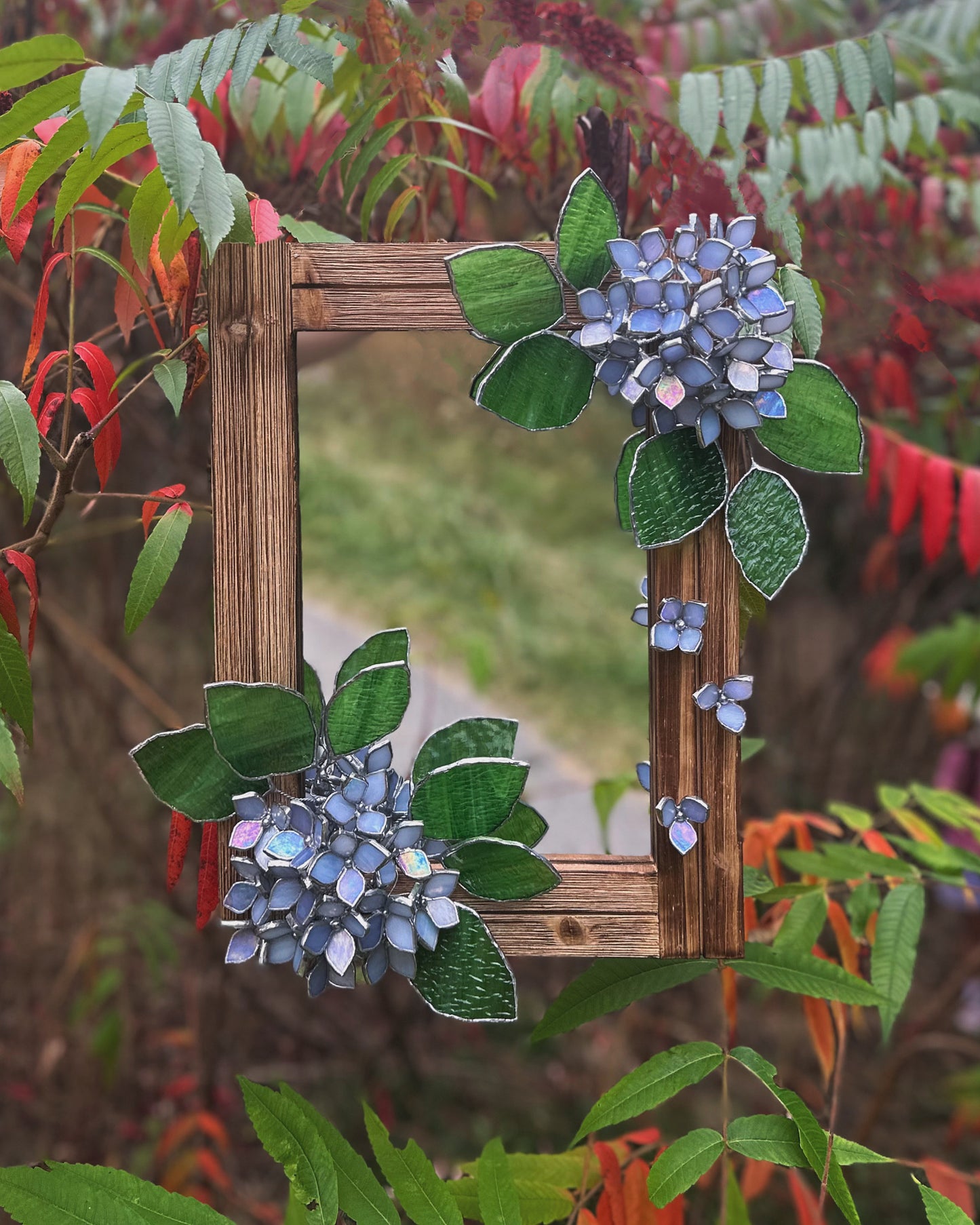 " . Blue lavender iridescent Hydrangea Flower Mirror, Stained glass Wedding Wall Decor, Christmas gift, Suncatcher