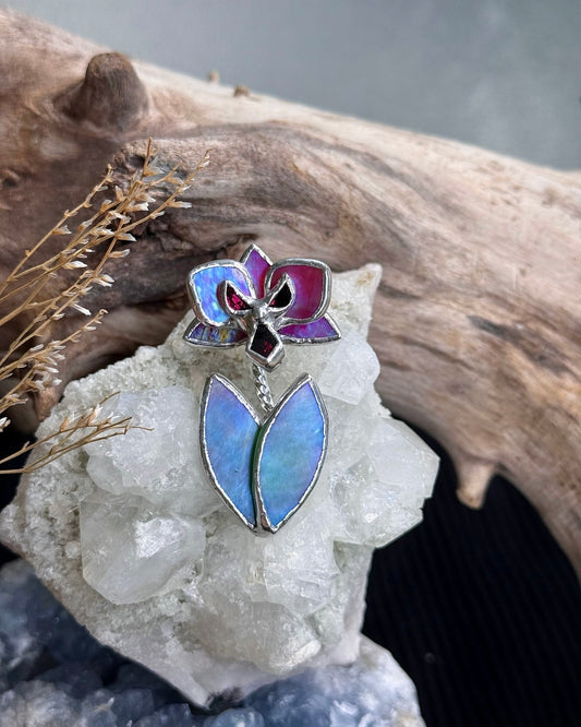 " . Brooch Orchid Berry Red iridescent” Stained glass tropical flower 3D