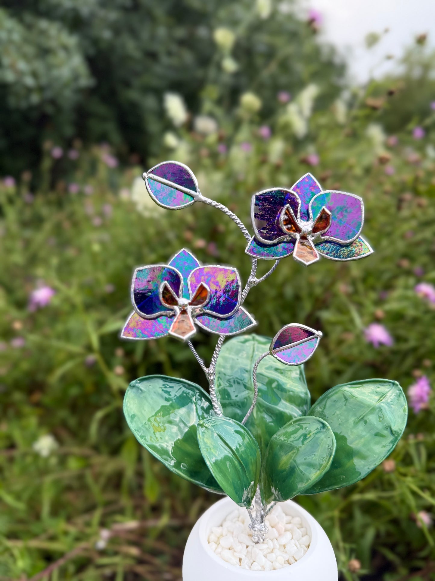 Orchid Indigo iridescent WITH RESIN Hand painted LEAVES Stained Glass 2 flowers in a Pot, Botanical Art Sculpture