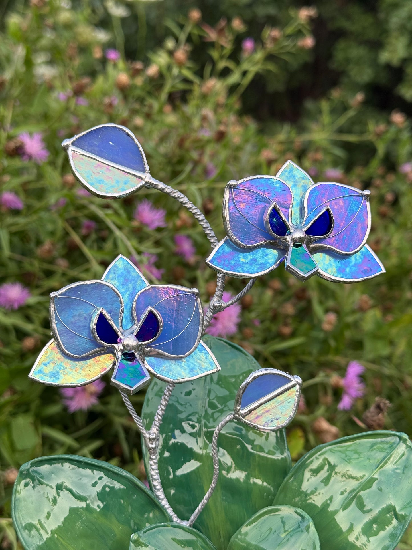 Orchid Blue lavender WITH RESIN Hand painted LEAVES Stained Glass 2 flowers in a Pot, Botanical Art Sculpture