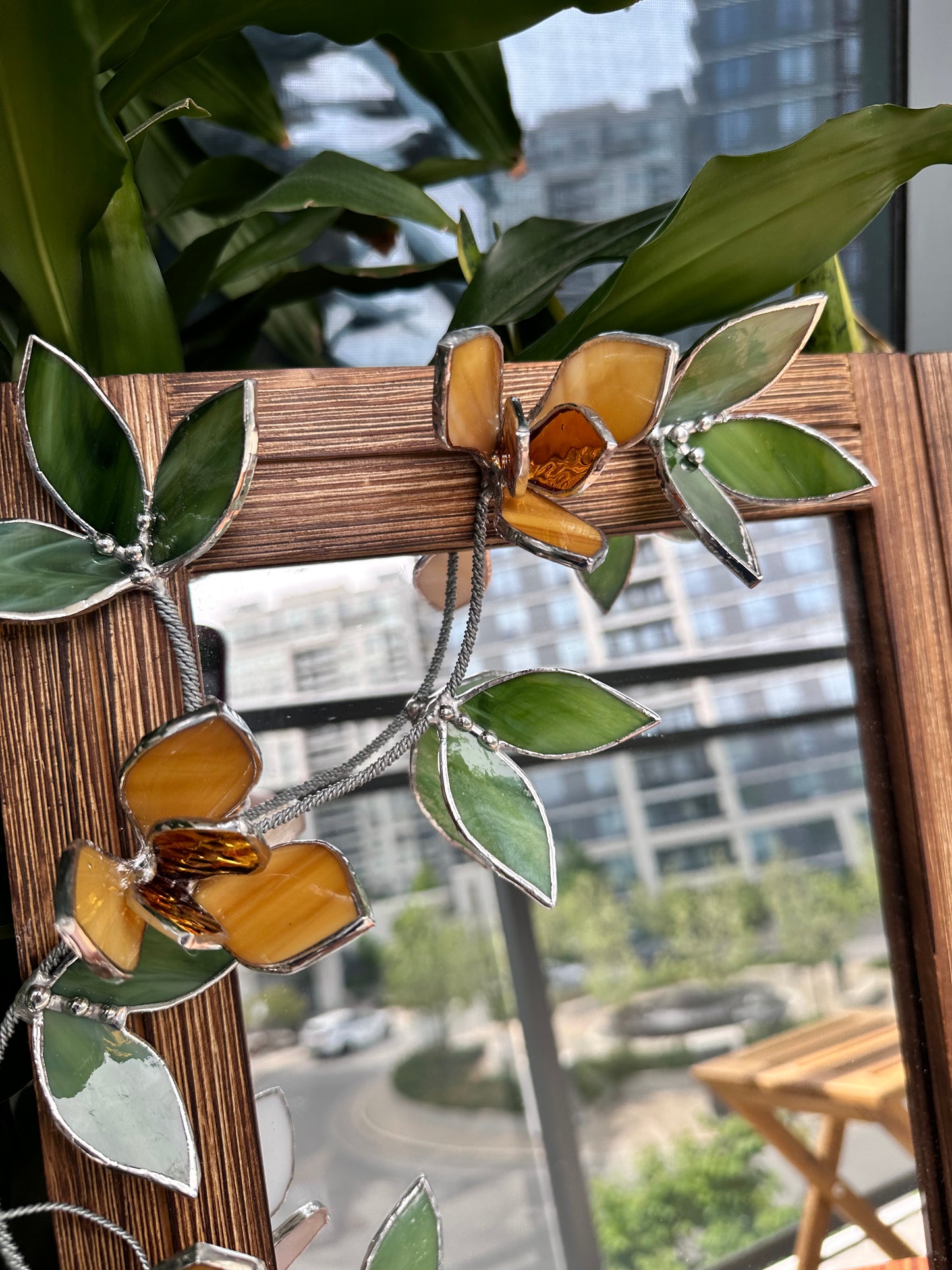 " . Amber Magnolia Flower Mirror, Stained glass Wedding Wall Decor, Christmas gift, Suncatcher