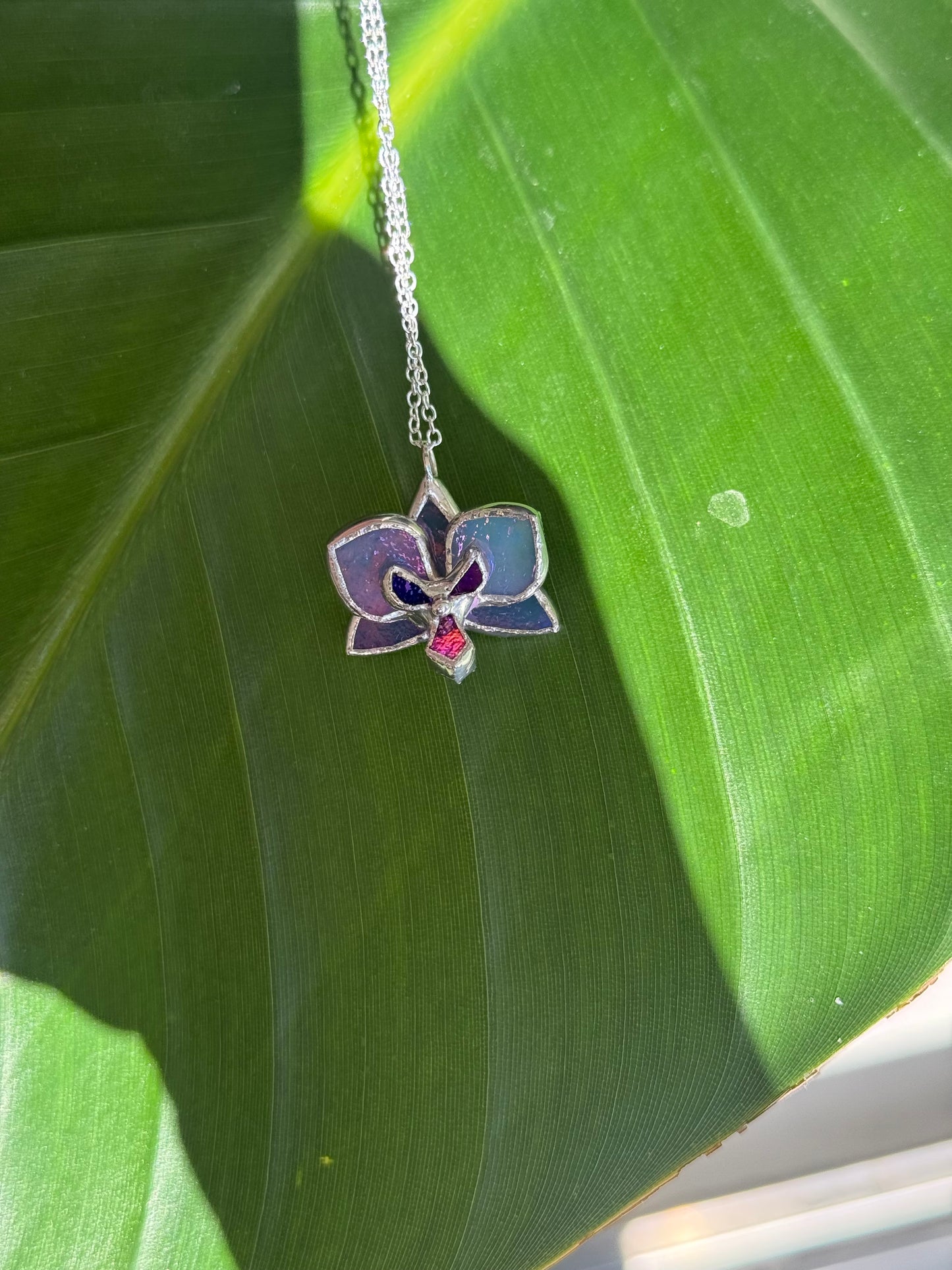 Blue lavender Orchid Irid, Stained Glass Necklace Handmade Botanical Jewelry